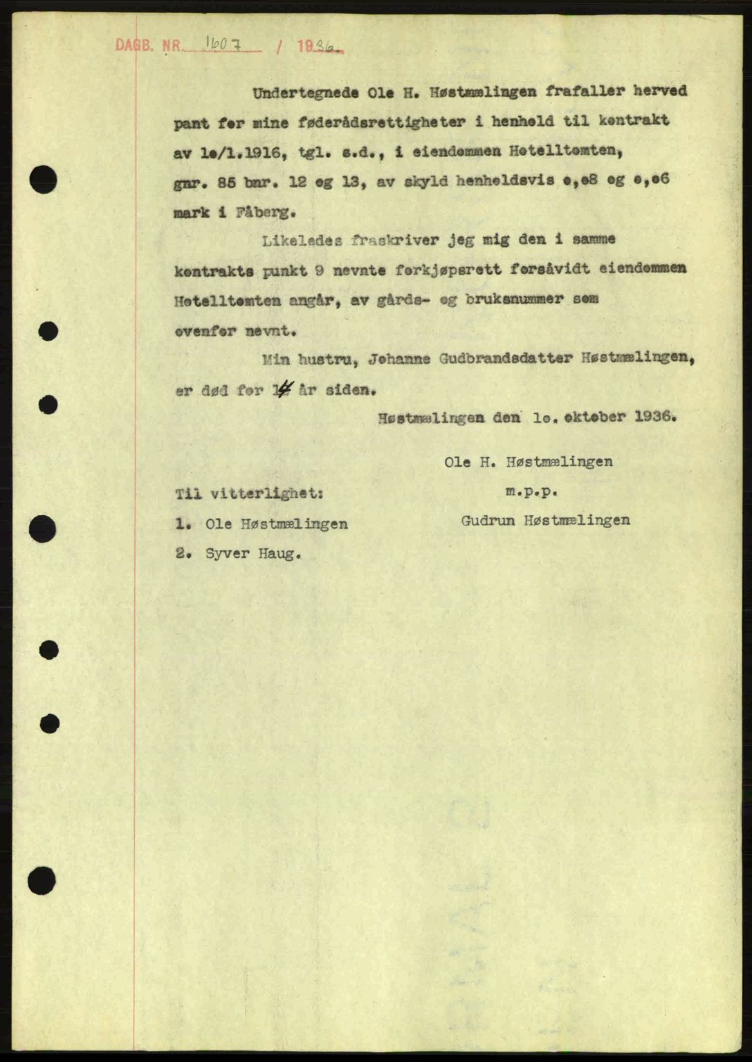 Sør-Gudbrandsdal tingrett, SAH/TING-004/H/Hb/Hbe/L0001: Mortgage book no. B1, 1936-1939, Diary no: : 1607/1936