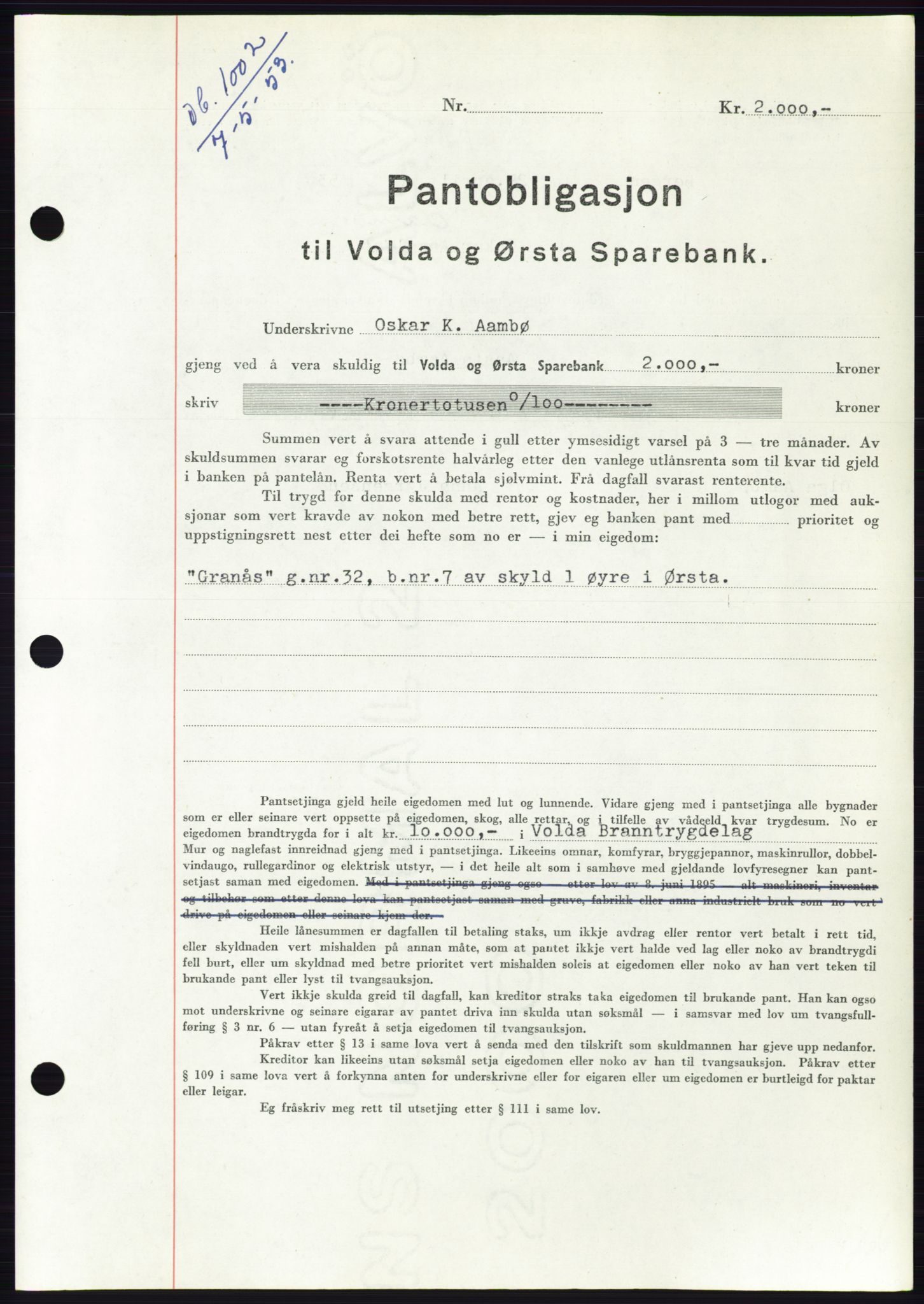 Søre Sunnmøre sorenskriveri, AV/SAT-A-4122/1/2/2C/L0123: Mortgage book no. 11B, 1953-1953, Diary no: : 1002/1953