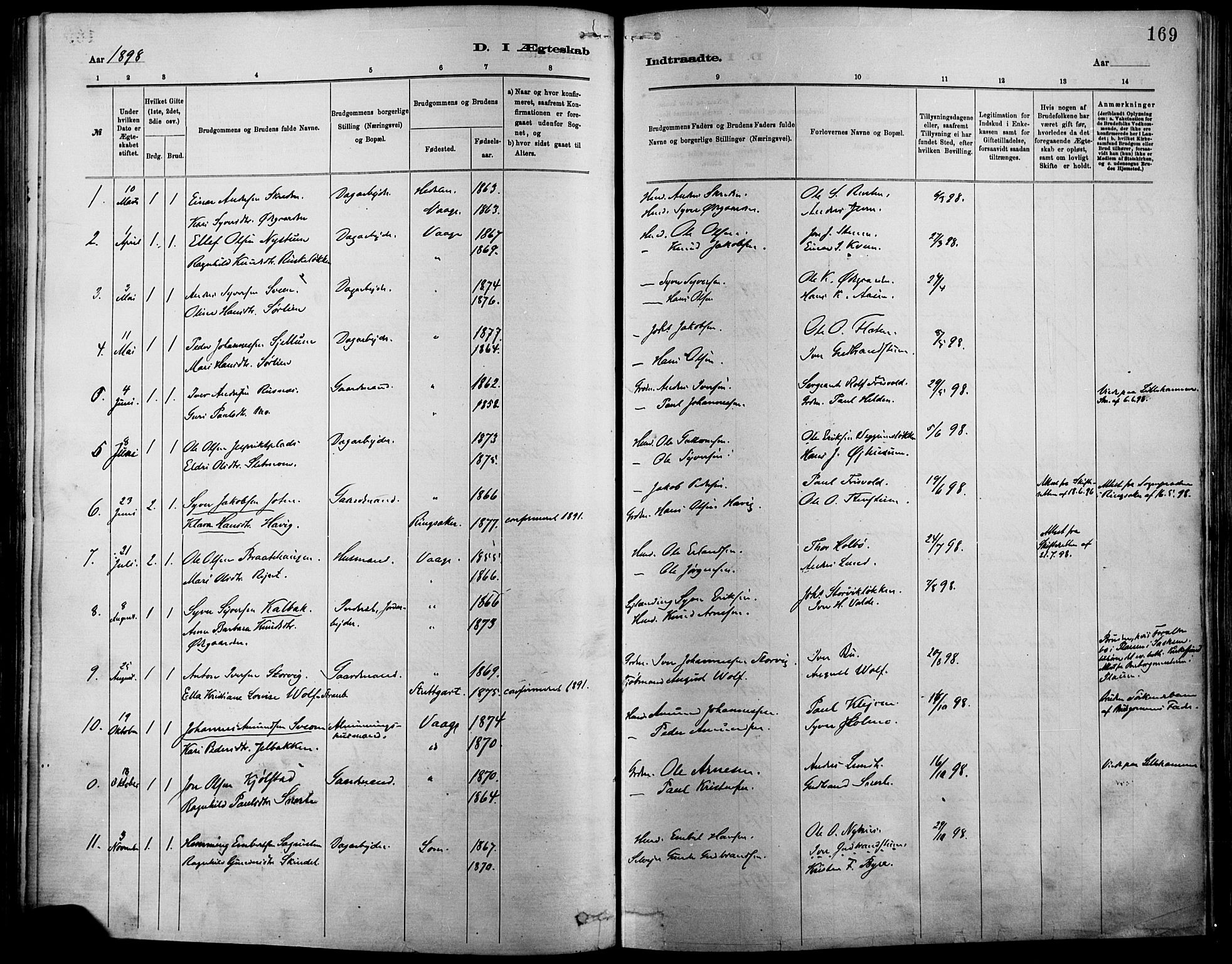 Vågå prestekontor, SAH/PREST-076/H/Ha/Haa/L0009: Parish register (official) no. 9, 1886-1904, p. 169