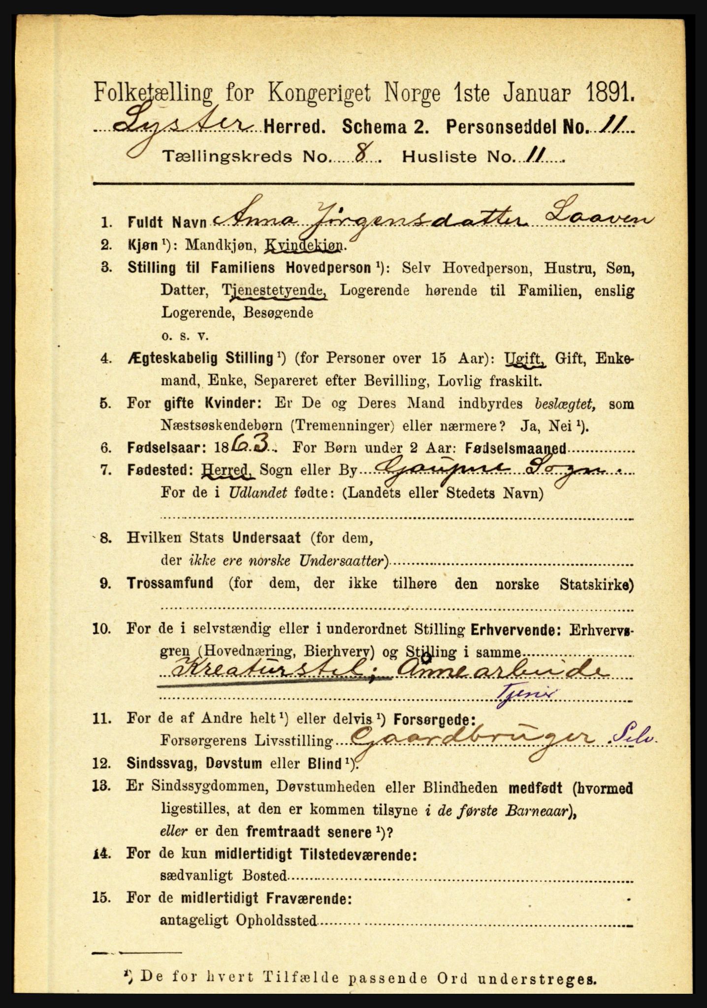 RA, 1891 census for 1426 Luster, 1891, p. 2743