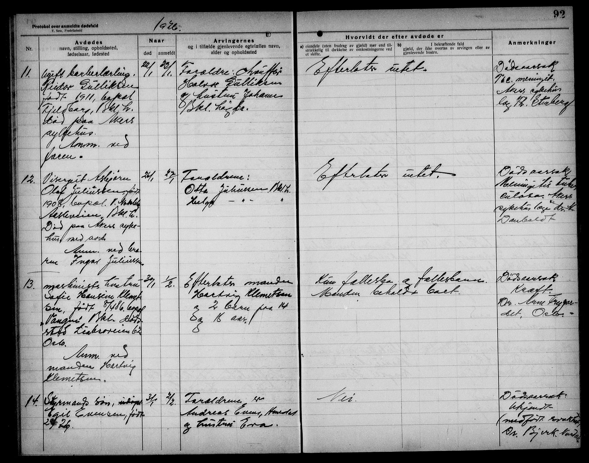 Aker kriminaldommer, skifte- og auksjonsforvalterembete, AV/SAO-A-10452/H/Hb/Hba/Hbad/L0001: Dødsfallsprotokoll for Nordstrand, 1922-1929, p. 92