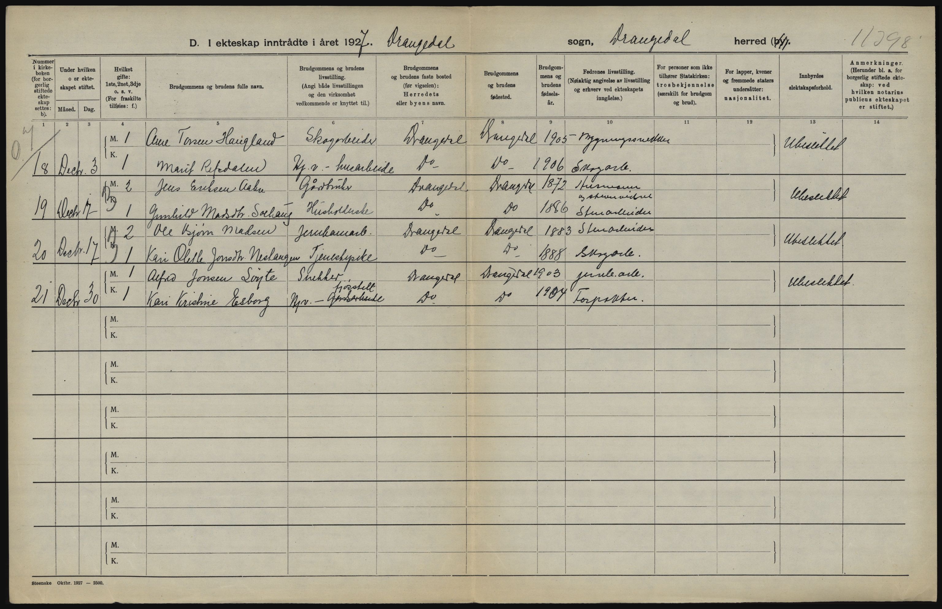 Statistisk sentralbyrå, Sosiodemografiske emner, Befolkning, RA/S-2228/D/Df/Dfc/Dfcg/L0020: Telemark fylke: Gifte, døde. Bygder og byer., 1927, p. 50