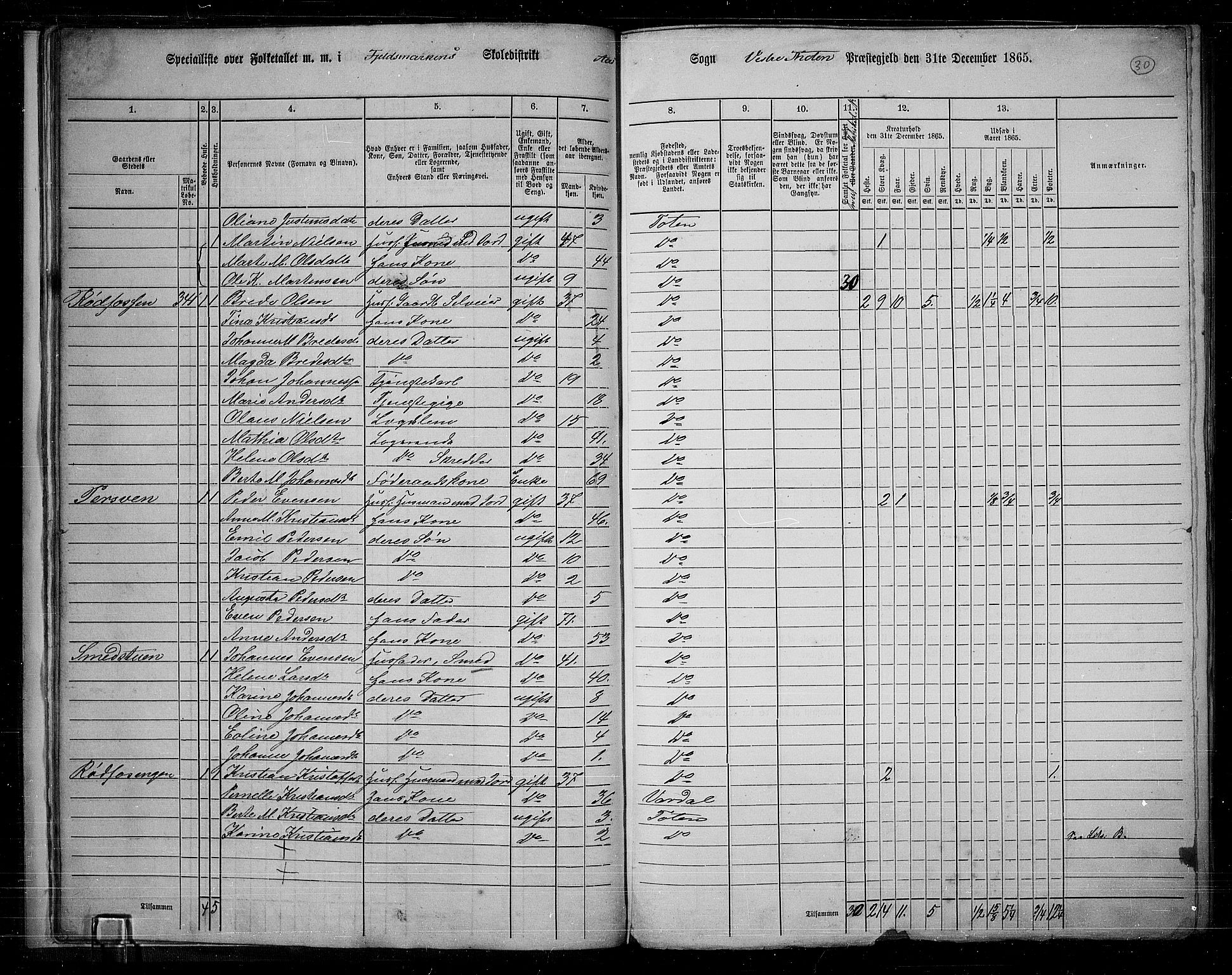 RA, 1865 census for Vestre Toten, 1865, p. 31