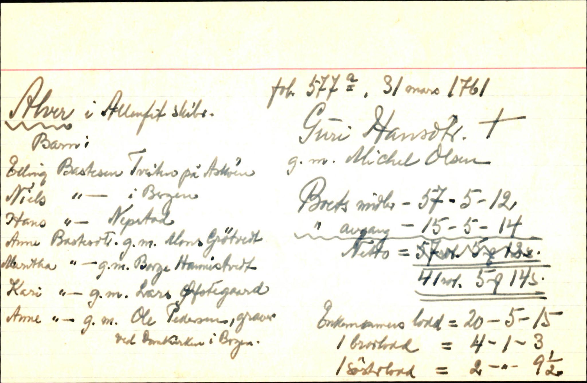 Skiftekort ved Statsarkivet i Bergen, SAB/SKIFTEKORT/001/L0002: Skifteprotokoll nr. 4, 1757-1763, p. 1