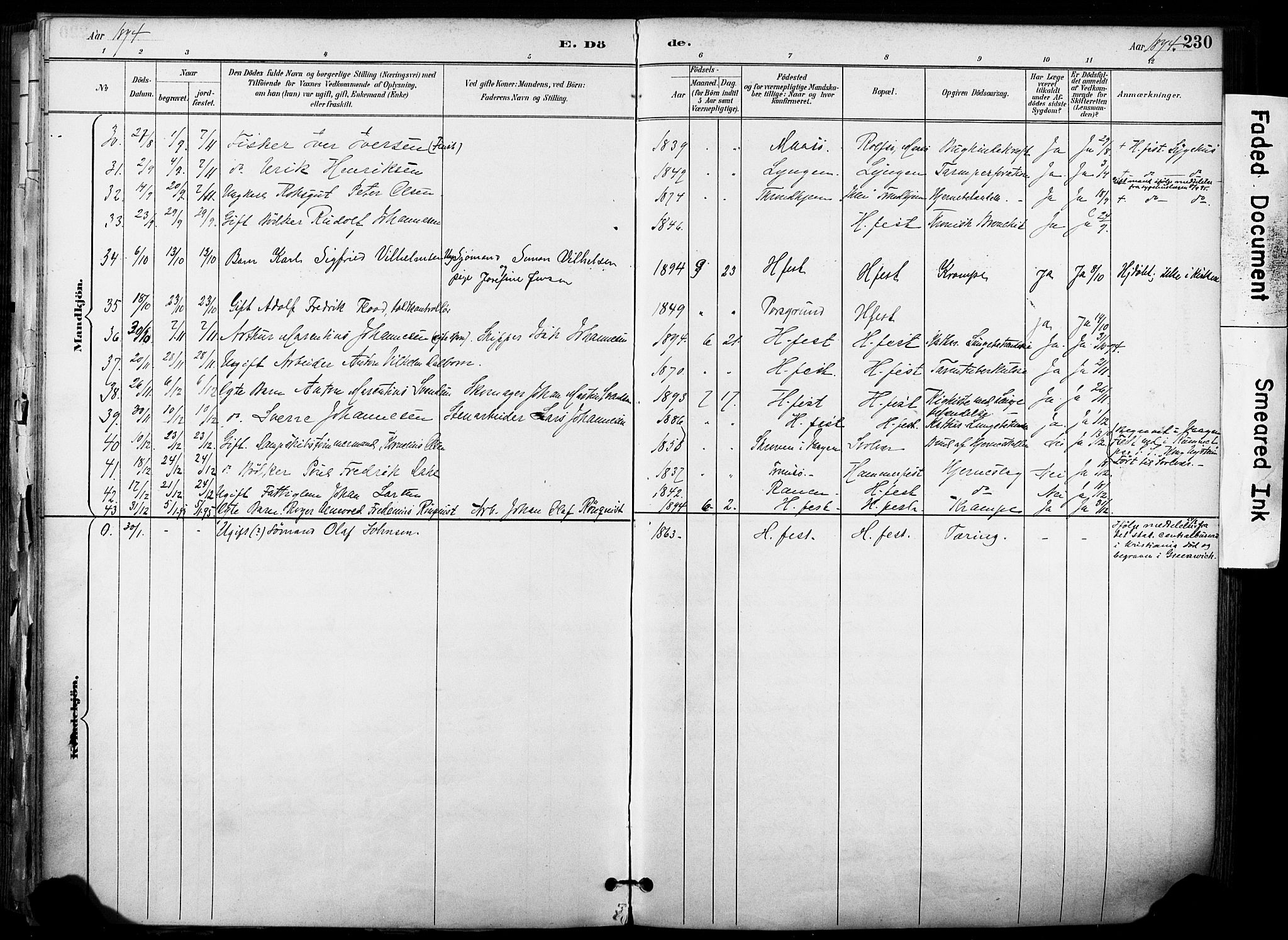 Hammerfest sokneprestkontor, SATØ/S-1347/H/Ha/L0009.kirke: Parish register (official) no. 9, 1889-1897, p. 230