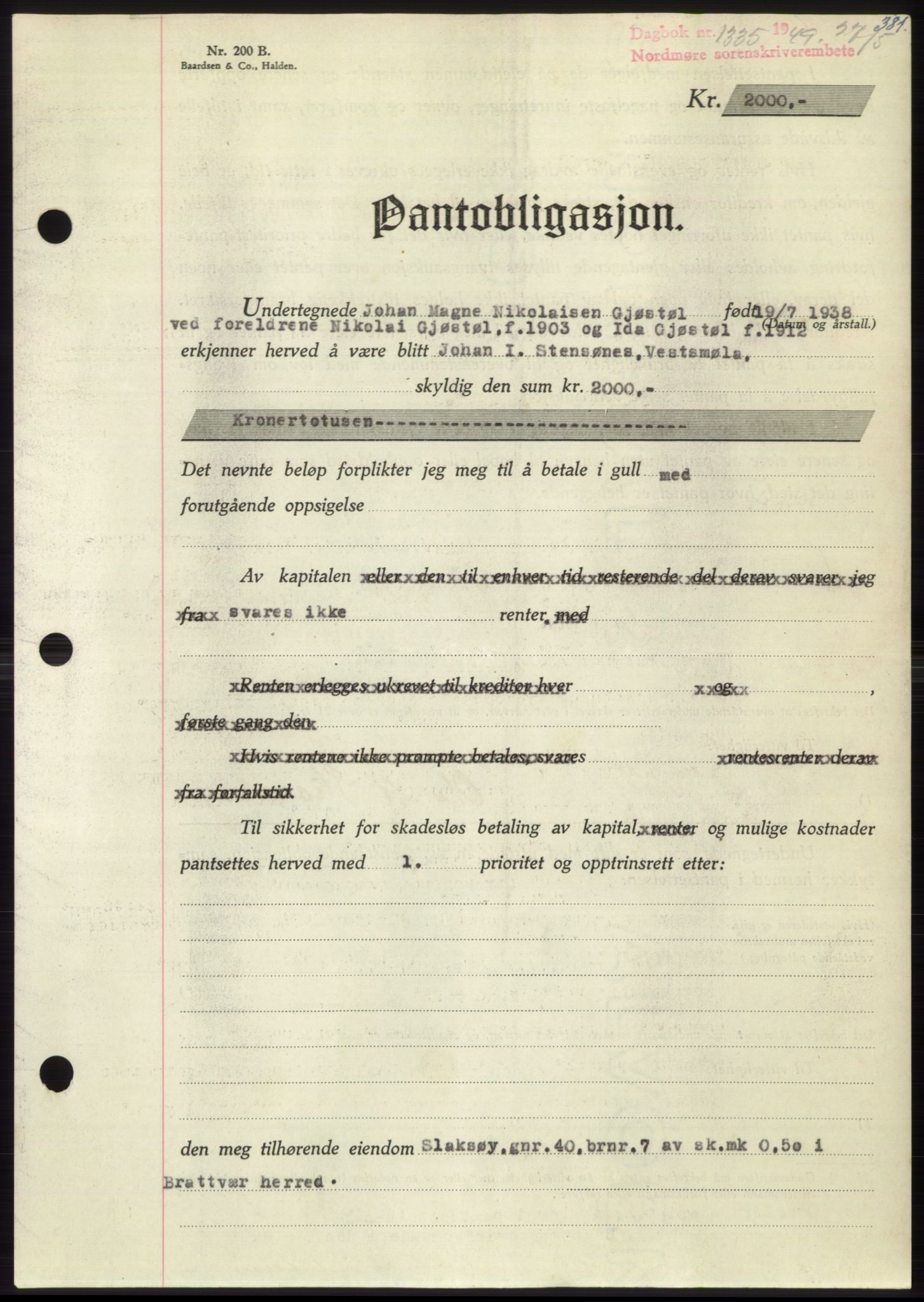 Nordmøre sorenskriveri, AV/SAT-A-4132/1/2/2Ca: Mortgage book no. B101, 1949-1949, Diary no: : 1335/1949