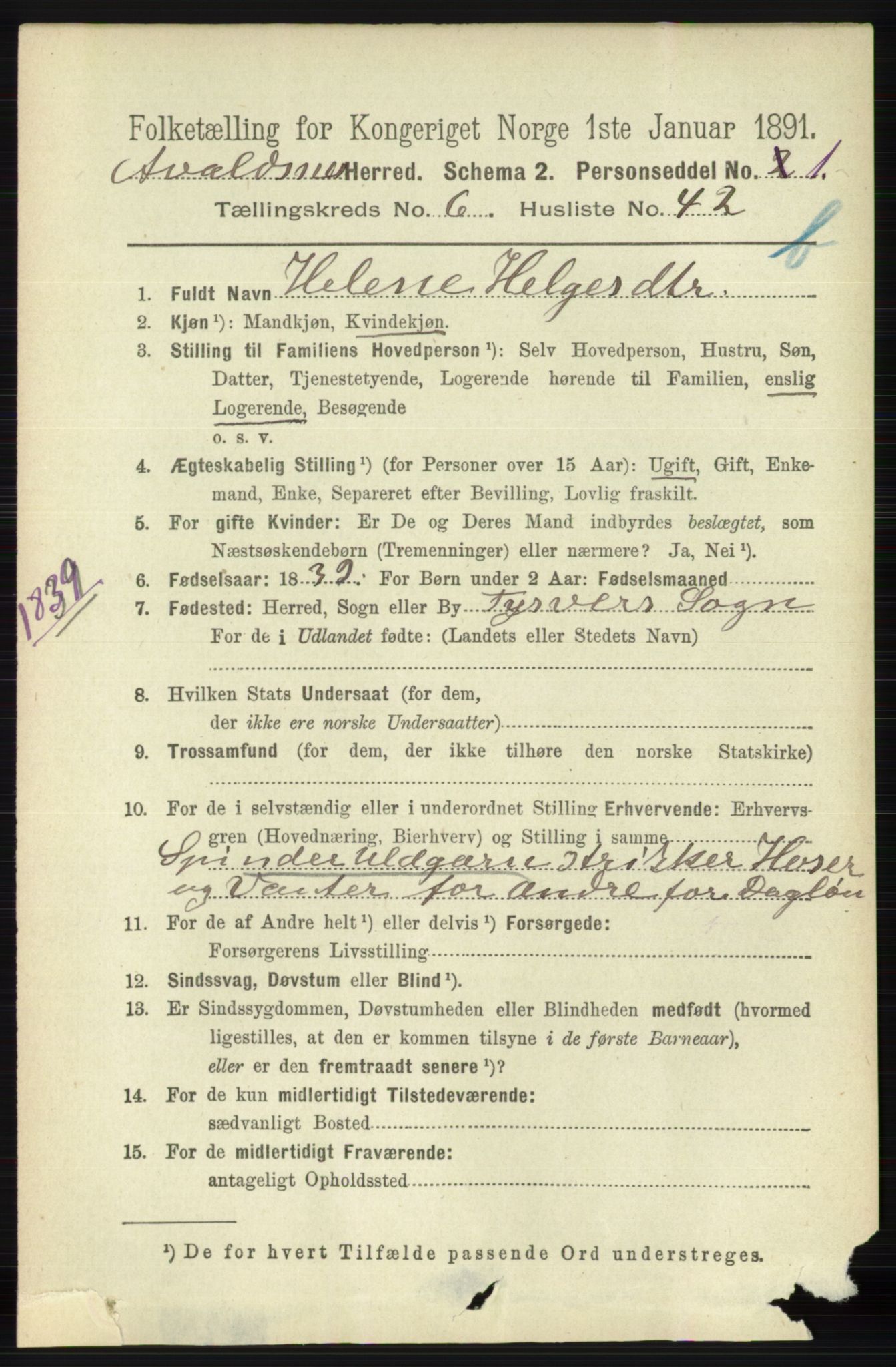 RA, 1891 census for 1147 Avaldsnes, 1891, p. 3476