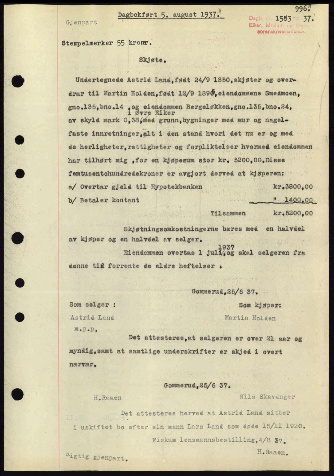 Eiker, Modum og Sigdal sorenskriveri, SAKO/A-123/G/Ga/Gab/L0035: Mortgage book no. A5, 1937-1937, Diary no: : 1583/1937