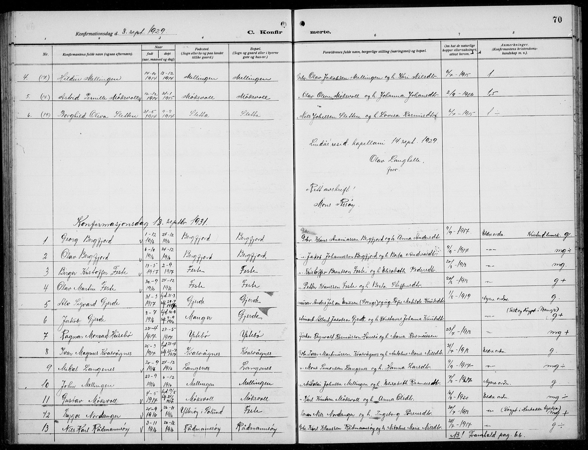 Alversund Sokneprestembete, SAB/A-73901/H/Ha/Hab: Parish register (copy) no. B 5, 1914-1932, p. 70