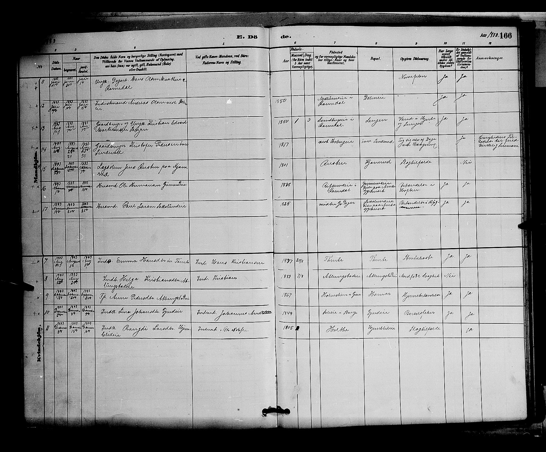 Stange prestekontor, AV/SAH-PREST-002/L/L0007: Parish register (copy) no. 7, 1880-1893, p. 166