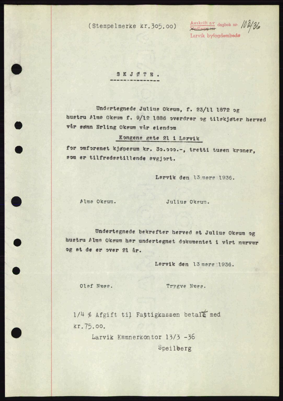 Larvik sorenskriveri, SAKO/A-83/G/Ga/Gab/L0067: Mortgage book no. A-1, 1936-1937, Diary no: : 103/1936