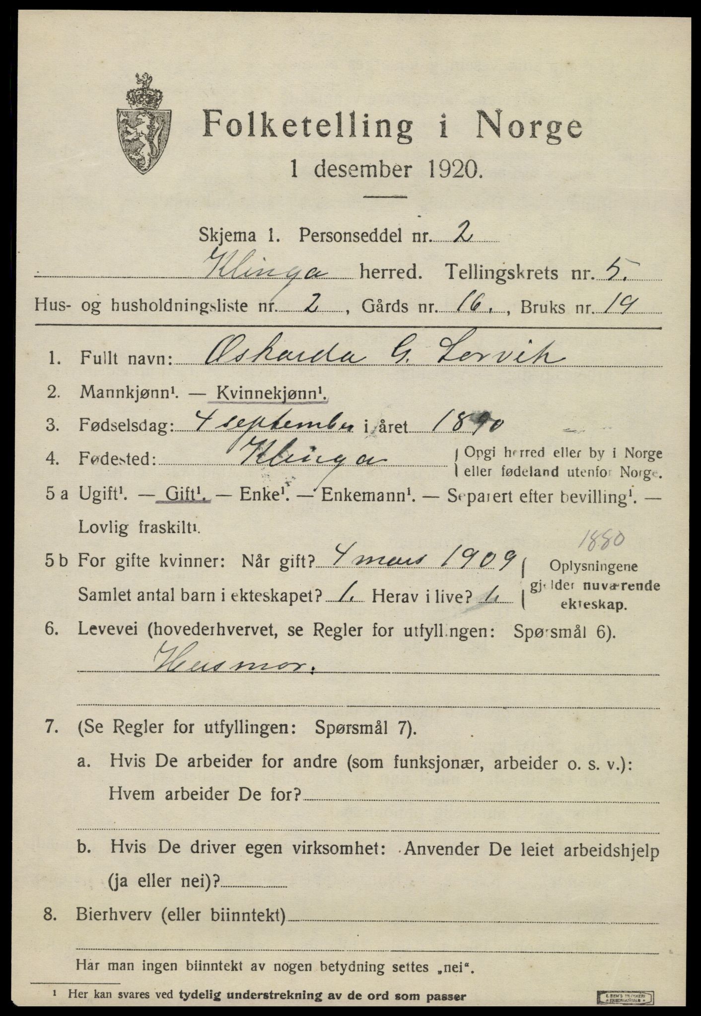 SAT, 1920 census for Klinga, 1920, p. 2867