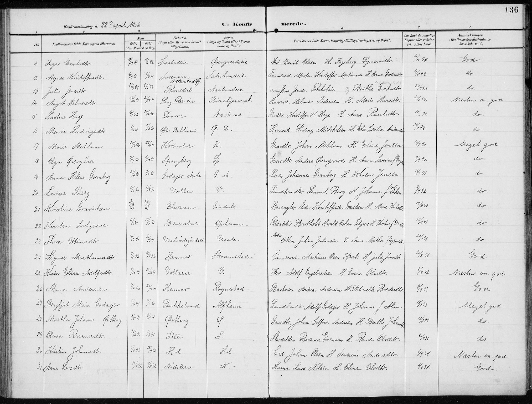 Stange prestekontor, AV/SAH-PREST-002/K/L0024: Parish register (official) no. 24, 1906-1922, p. 136