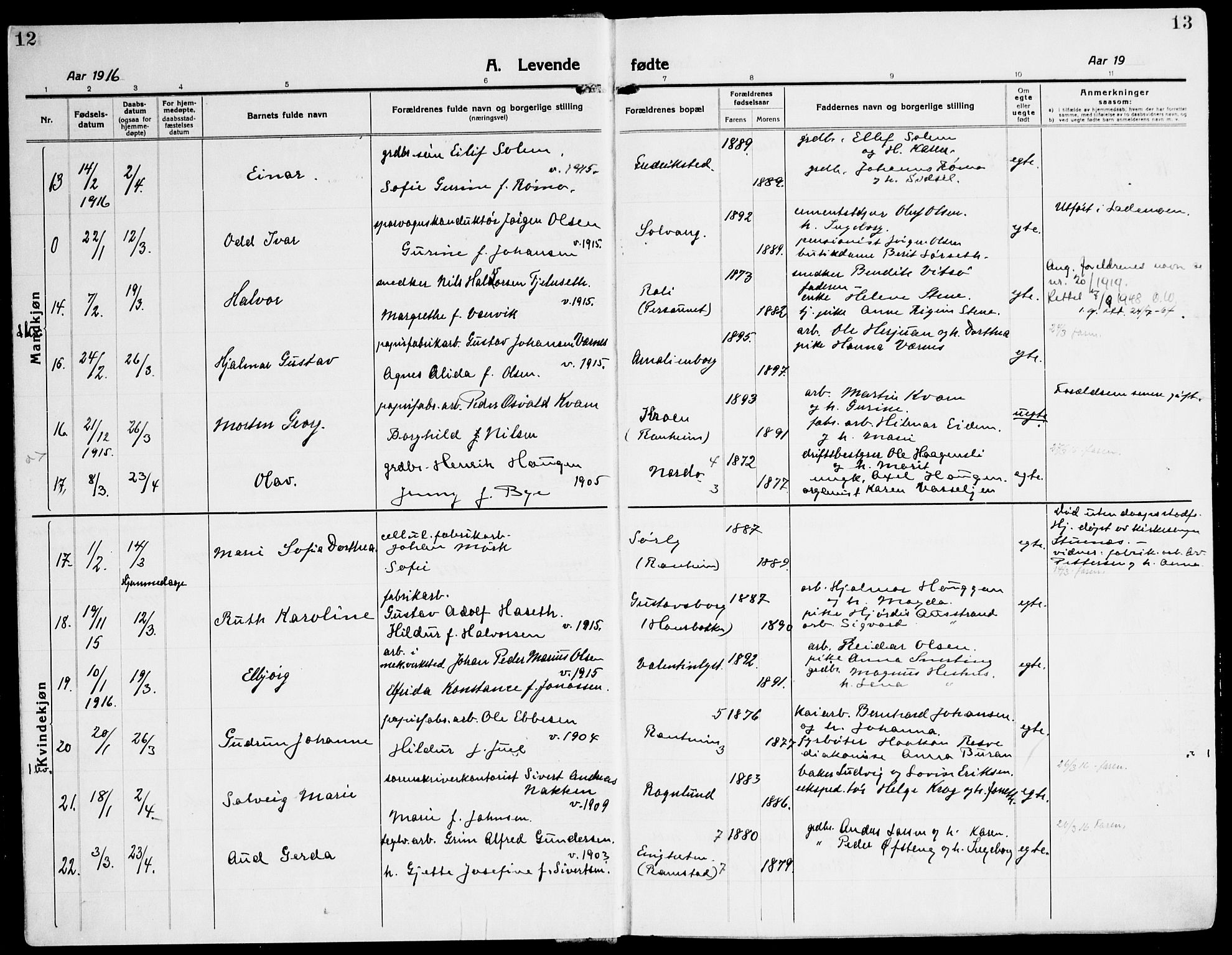 Ministerialprotokoller, klokkerbøker og fødselsregistre - Sør-Trøndelag, SAT/A-1456/607/L0321: Parish register (official) no. 607A05, 1916-1935, p. 12-13