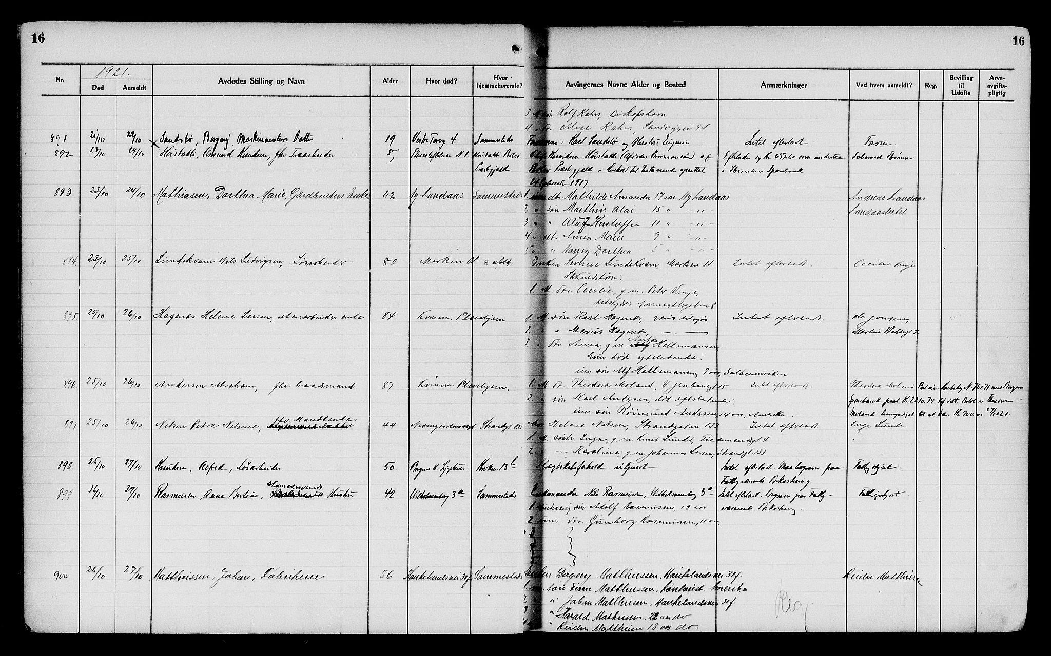 Byfogd og Byskriver i Bergen, AV/SAB-A-3401/06/06Na/L0014: Dødsfallsjournaler, 1921-1924, p. 16