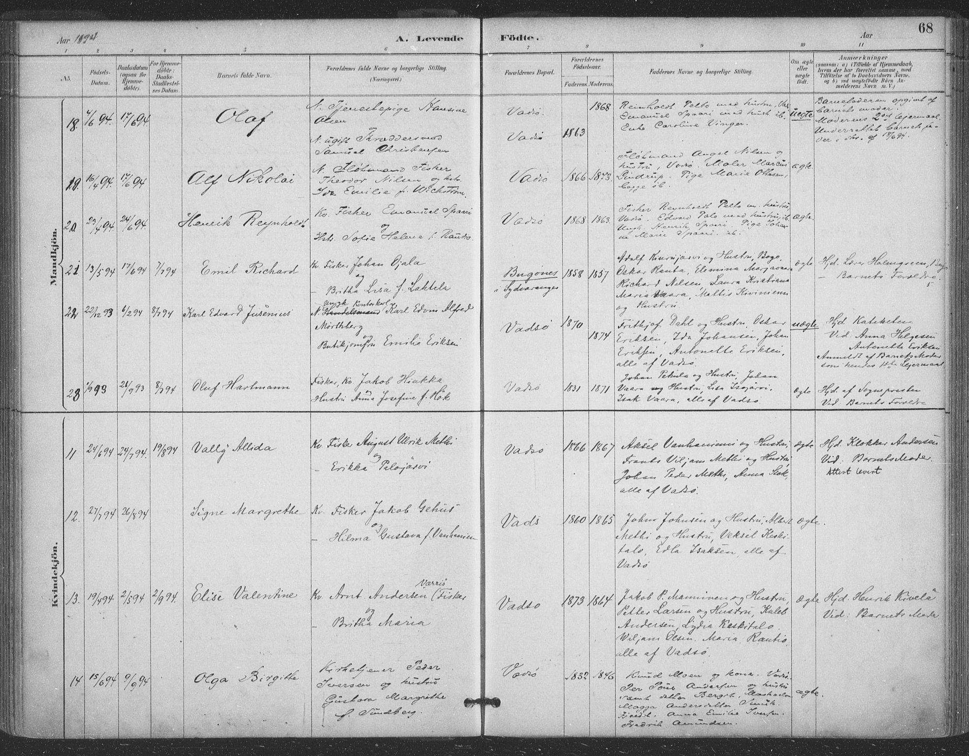 Vadsø sokneprestkontor, SATØ/S-1325/H/Ha/L0006kirke: Parish register (official) no. 6, 1885-1895, p. 68