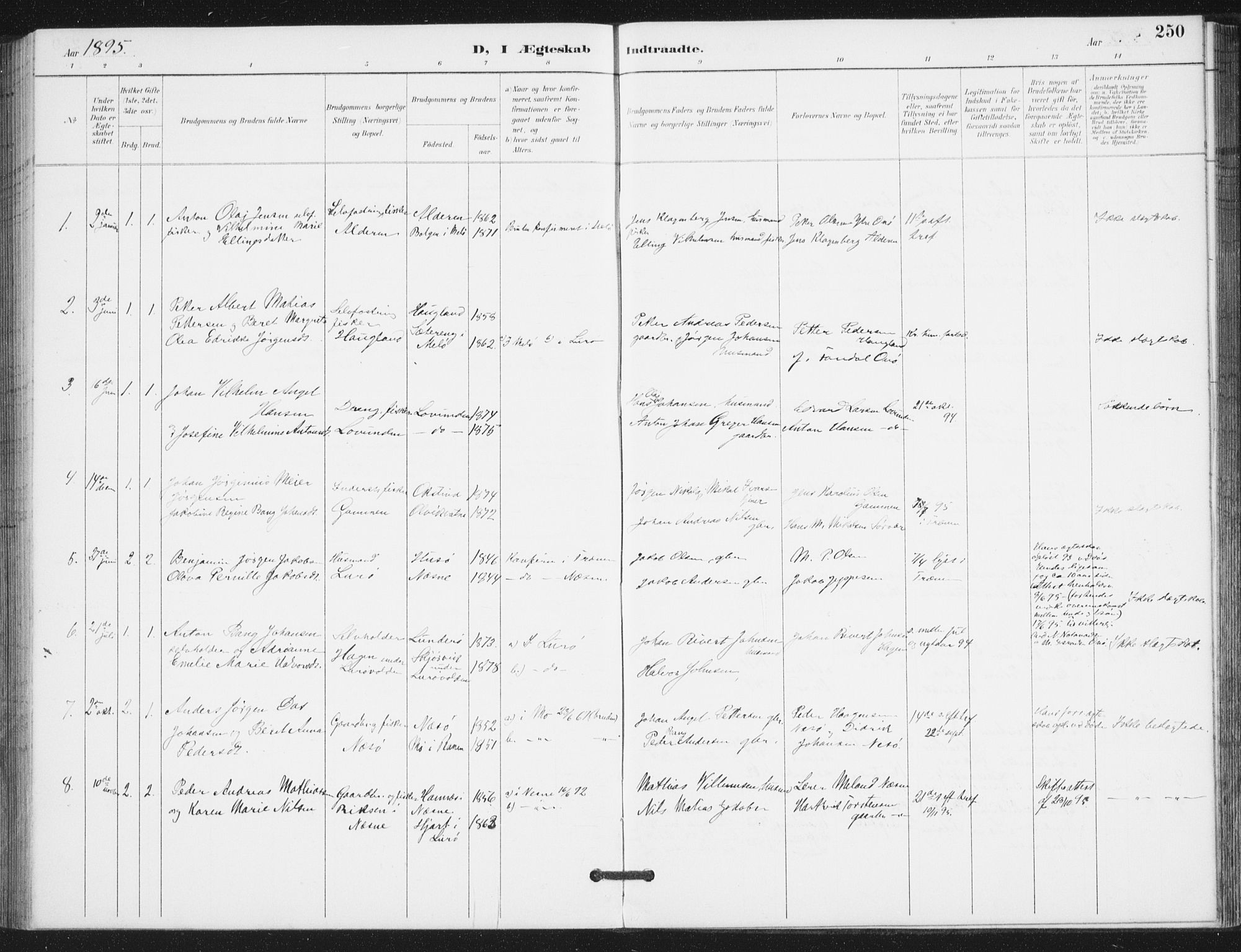 Ministerialprotokoller, klokkerbøker og fødselsregistre - Nordland, AV/SAT-A-1459/839/L0573: Parish register (copy) no. 839C03, 1892-1917, p. 250