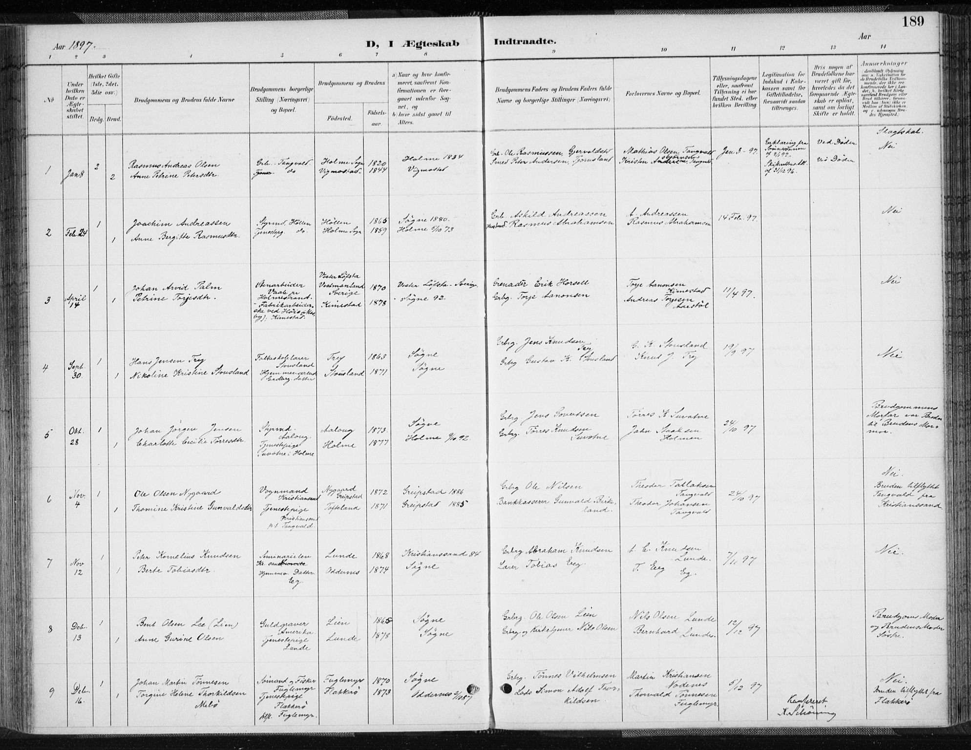 Søgne sokneprestkontor, SAK/1111-0037/F/Fa/Fab/L0013: Parish register (official) no. A 13, 1892-1911, p. 189