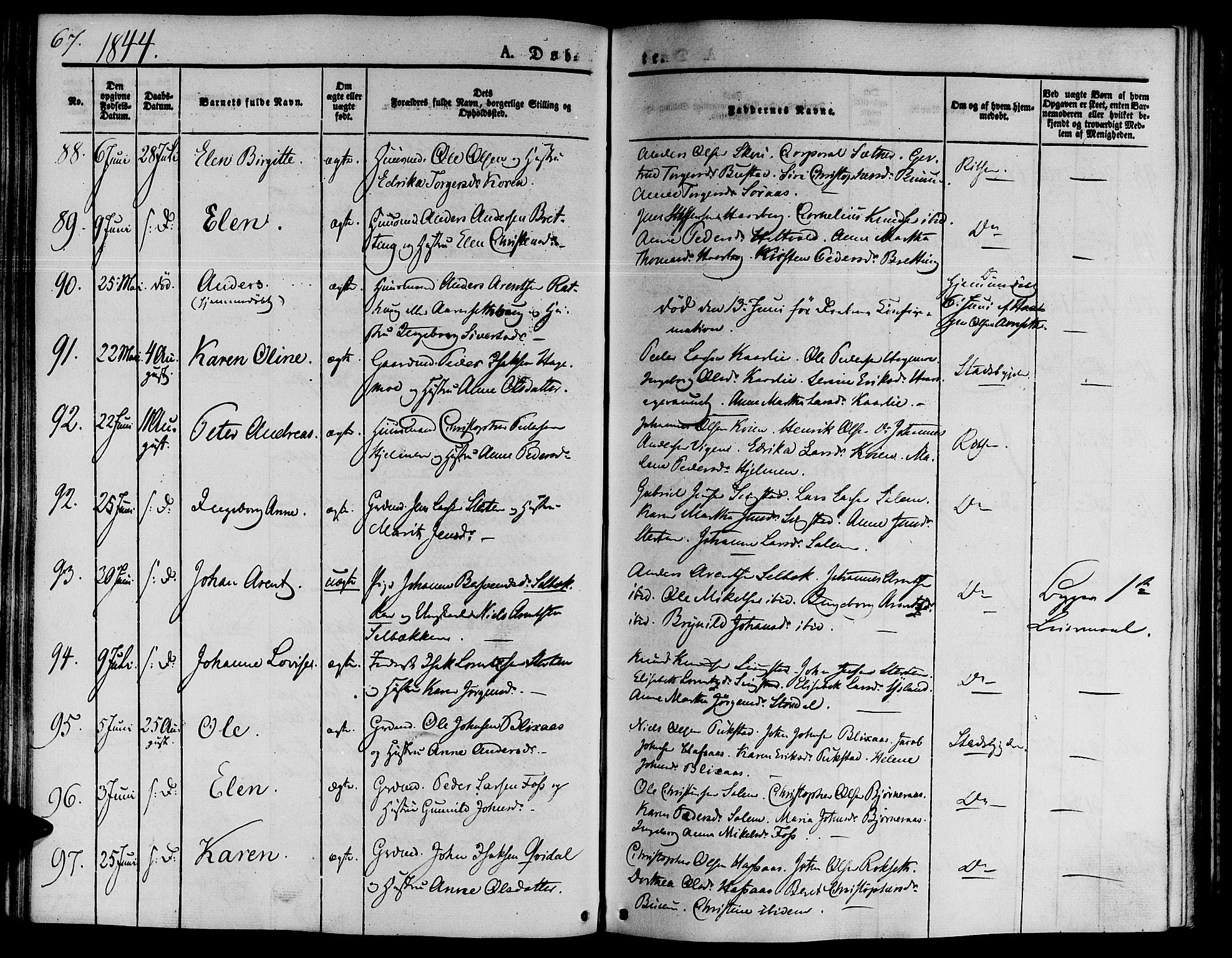 Ministerialprotokoller, klokkerbøker og fødselsregistre - Sør-Trøndelag, AV/SAT-A-1456/646/L0610: Parish register (official) no. 646A08, 1837-1847, p. 67