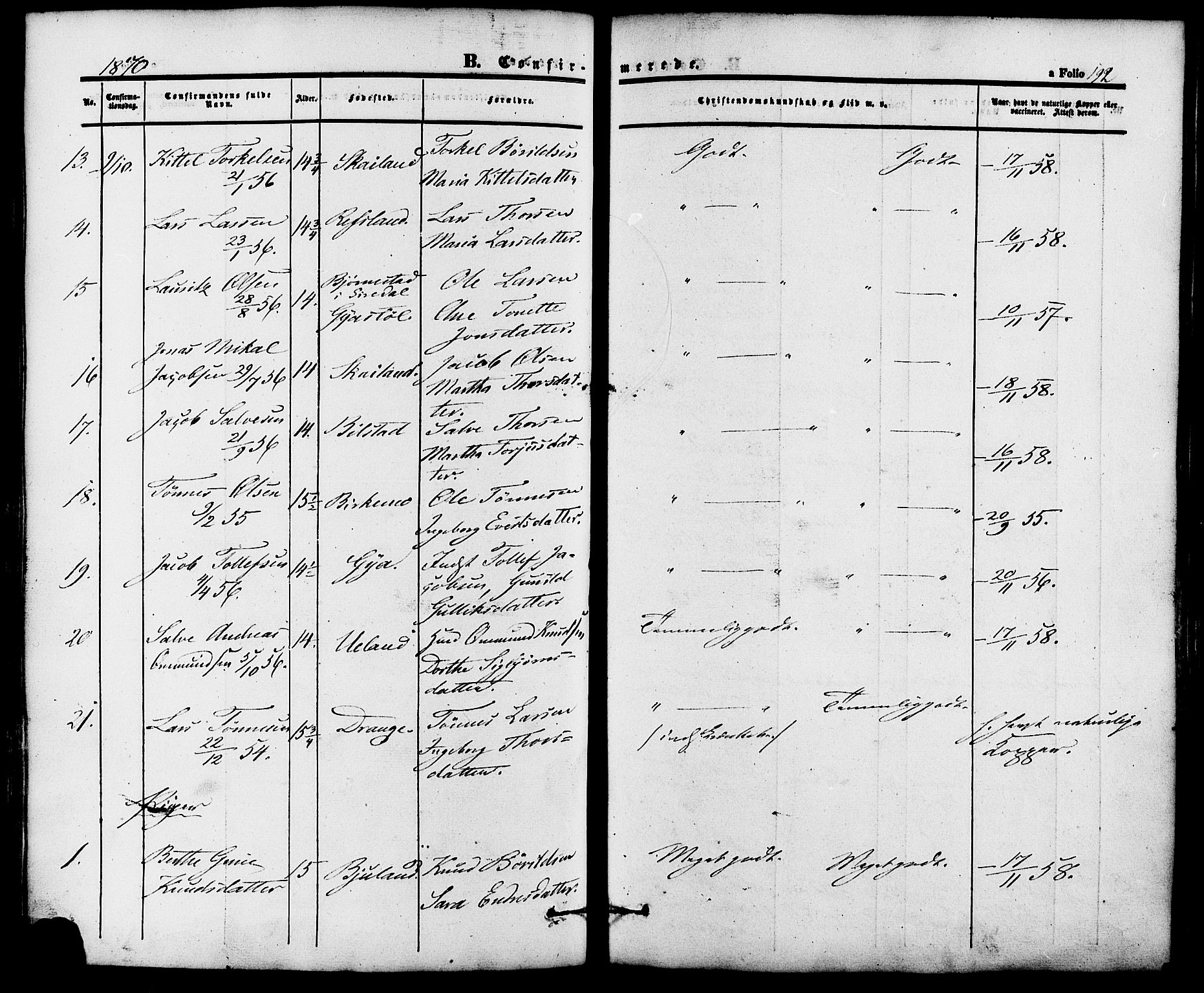 Lund sokneprestkontor, AV/SAST-A-101809/S06/L0010: Parish register (official) no. A 9, 1854-1886, p. 192