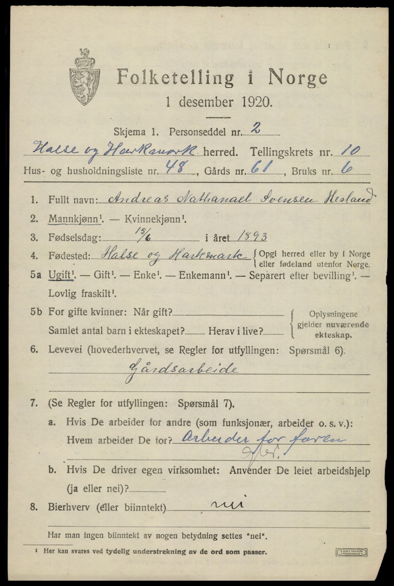 SAK, 1920 census for Halse og Harkmark, 1920, p. 6051