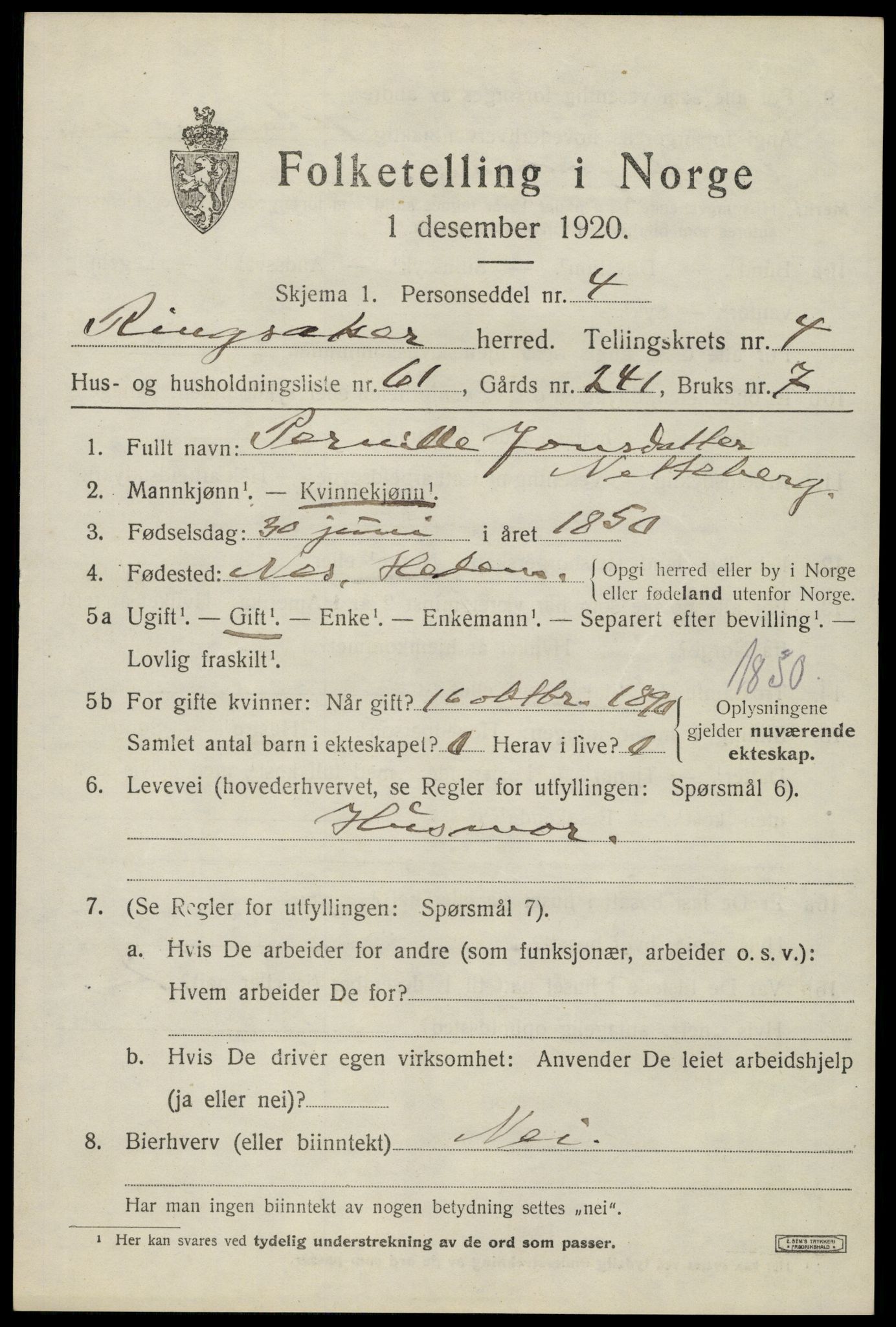 SAH, 1920 census for Ringsaker, 1920, p. 9350