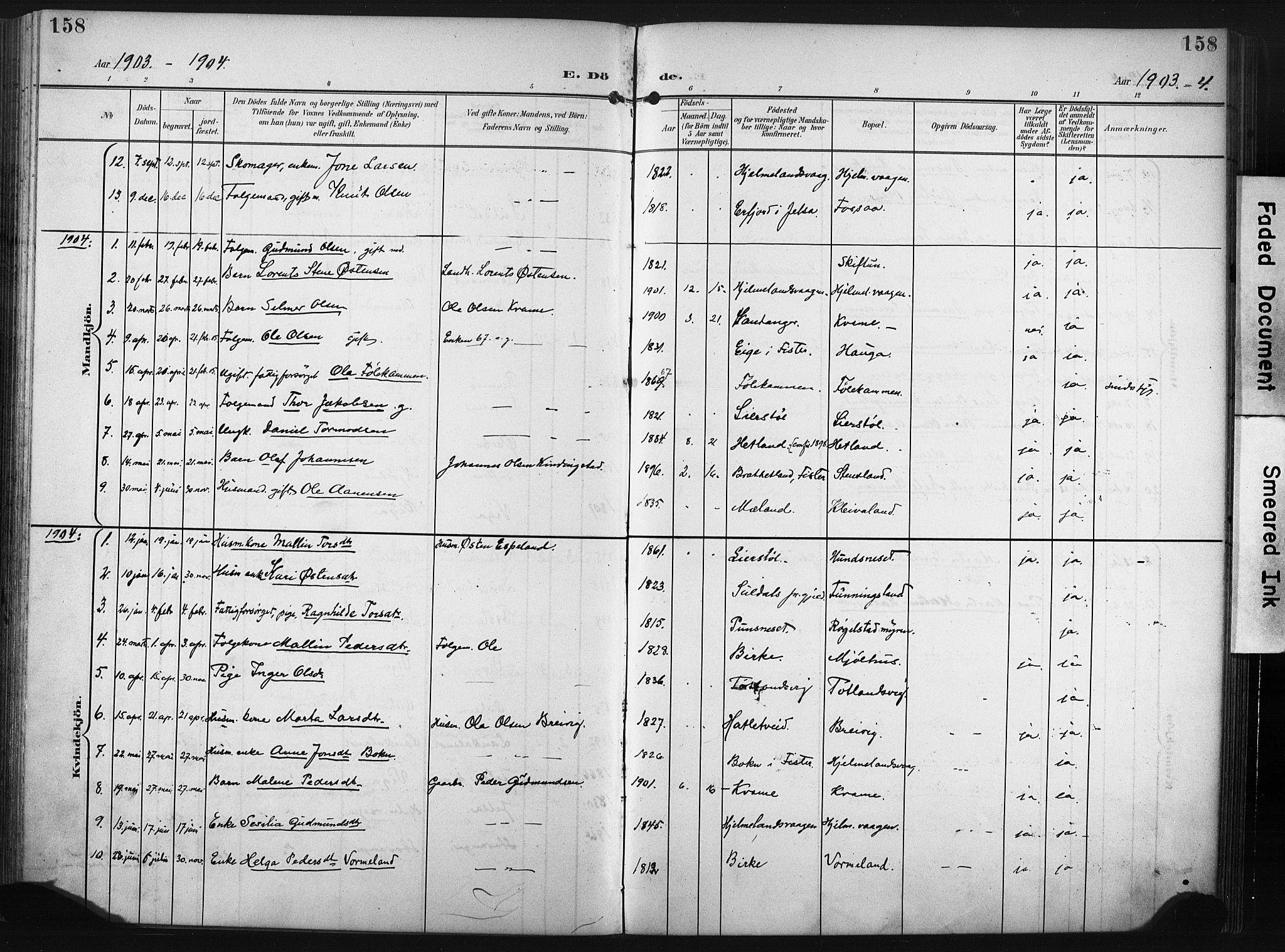 Hjelmeland sokneprestkontor, SAST/A-101843/02/A/L0002: Parish register (official) no. A 17, 1901-1916, p. 158