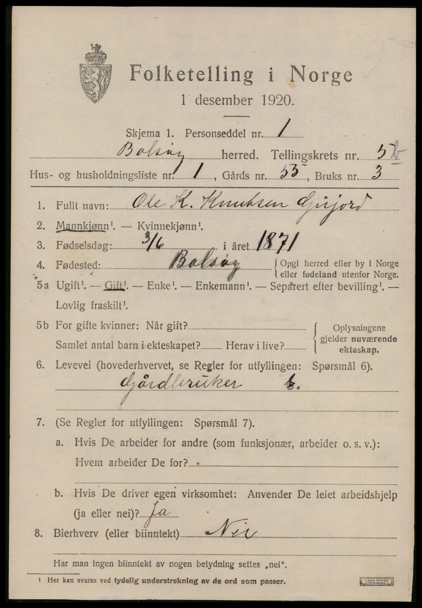 SAT, 1920 census for Bolsøy, 1920, p. 7545