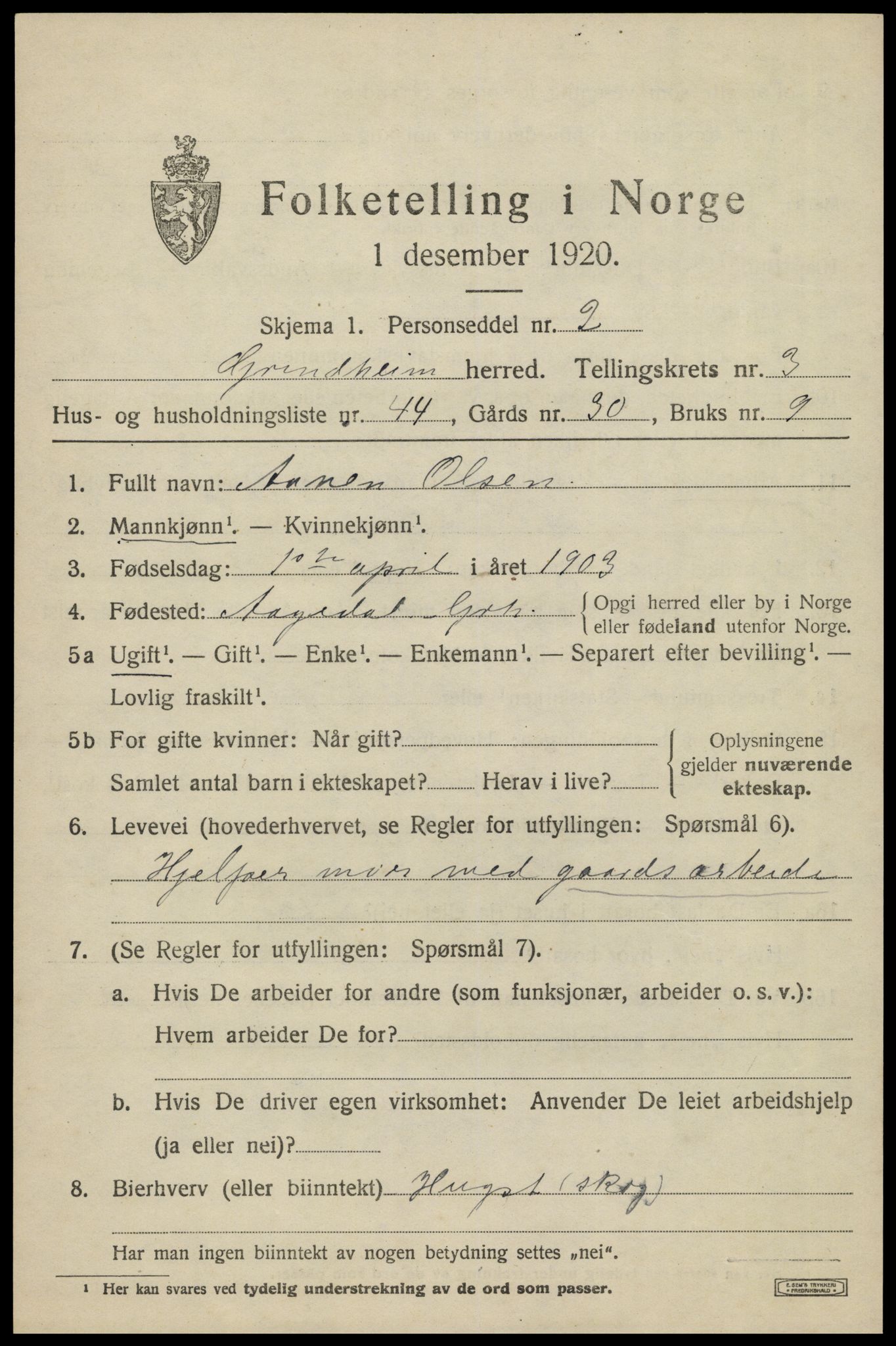 SAK, 1920 census for Grindheim, 1920, p. 1383