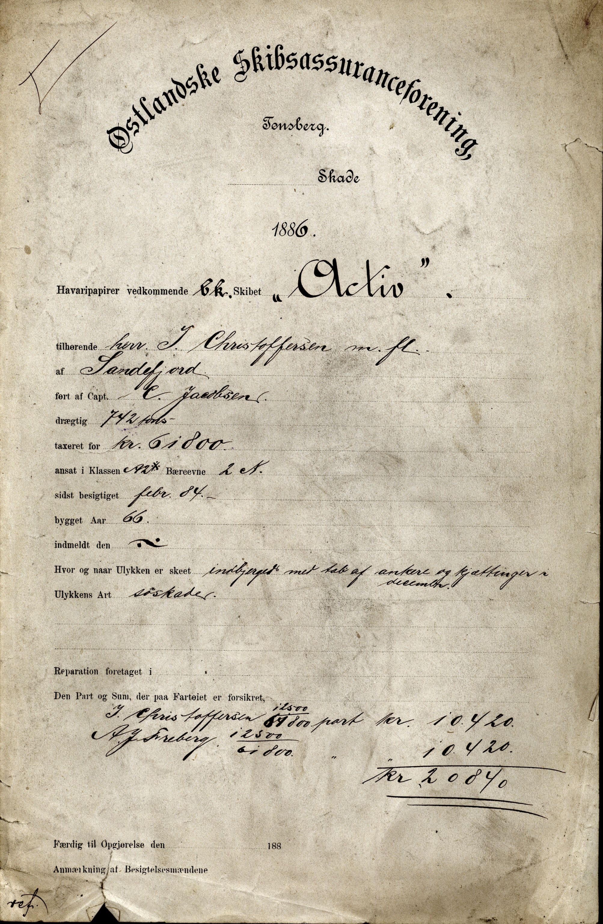 Pa 63 - Østlandske skibsassuranceforening, VEMU/A-1079/G/Ga/L0019/0012: Havaridokumenter / Activ, Ørnen, Hermod, Erato, Herman Lehmkuhl, 1886, p. 1