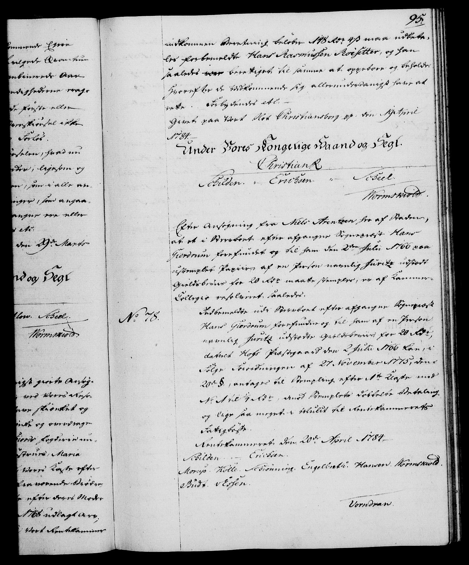 Rentekammeret, Kammerkanselliet, RA/EA-3111/G/Gg/Gga/L0013: Norsk ekspedisjonsprotokoll med register (merket RK 53.13), 1784-1787, p. 95