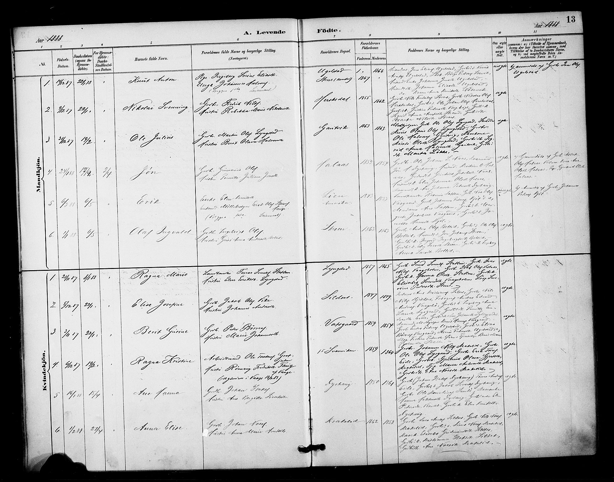 Ministerialprotokoller, klokkerbøker og fødselsregistre - Møre og Romsdal, SAT/A-1454/571/L0836: Parish register (official) no. 571A01, 1884-1899, p. 13