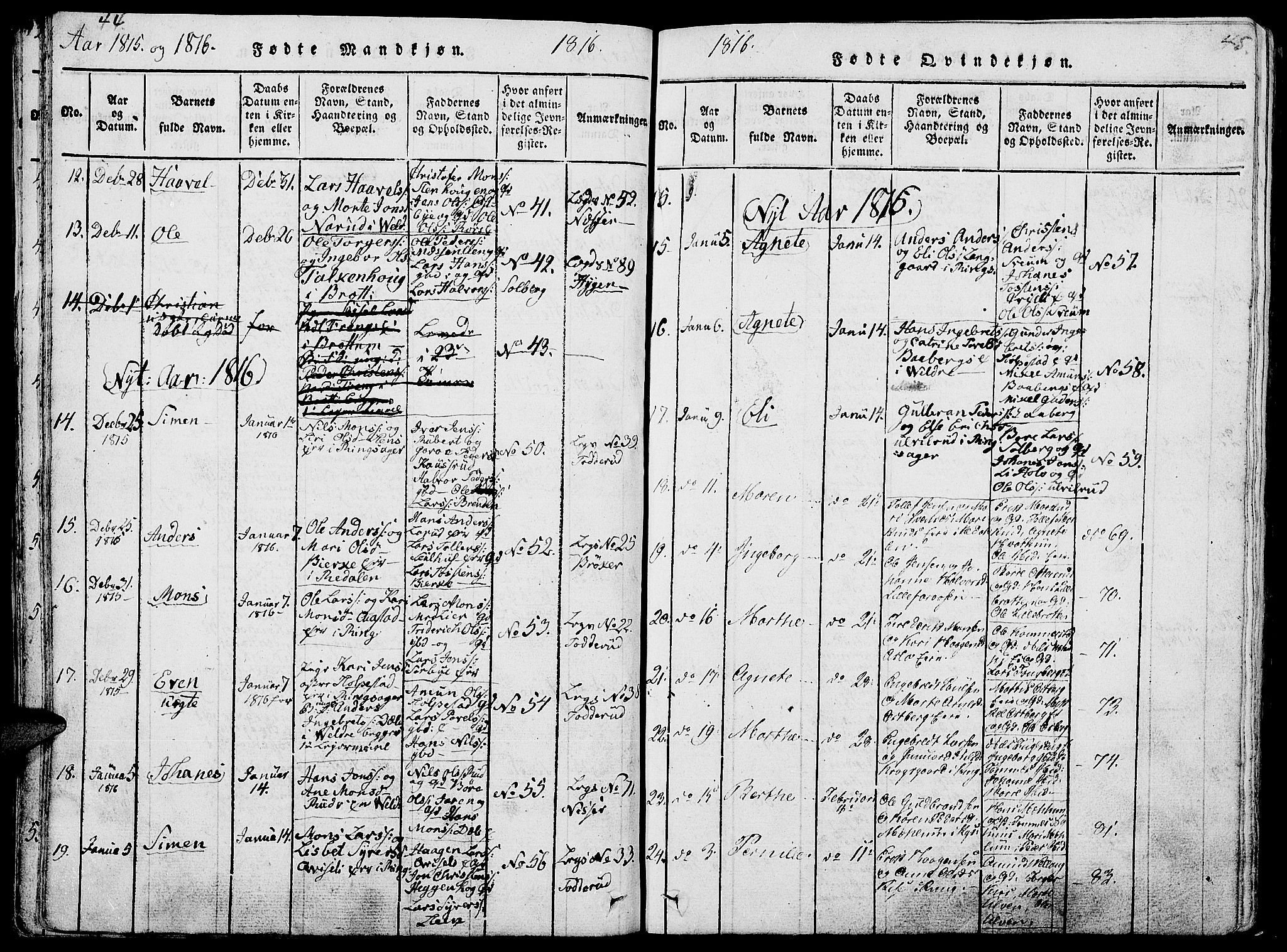 Ringsaker prestekontor, AV/SAH-PREST-014/L/La/L0001: Parish register (copy) no. 1, 1814-1826, p. 44-45