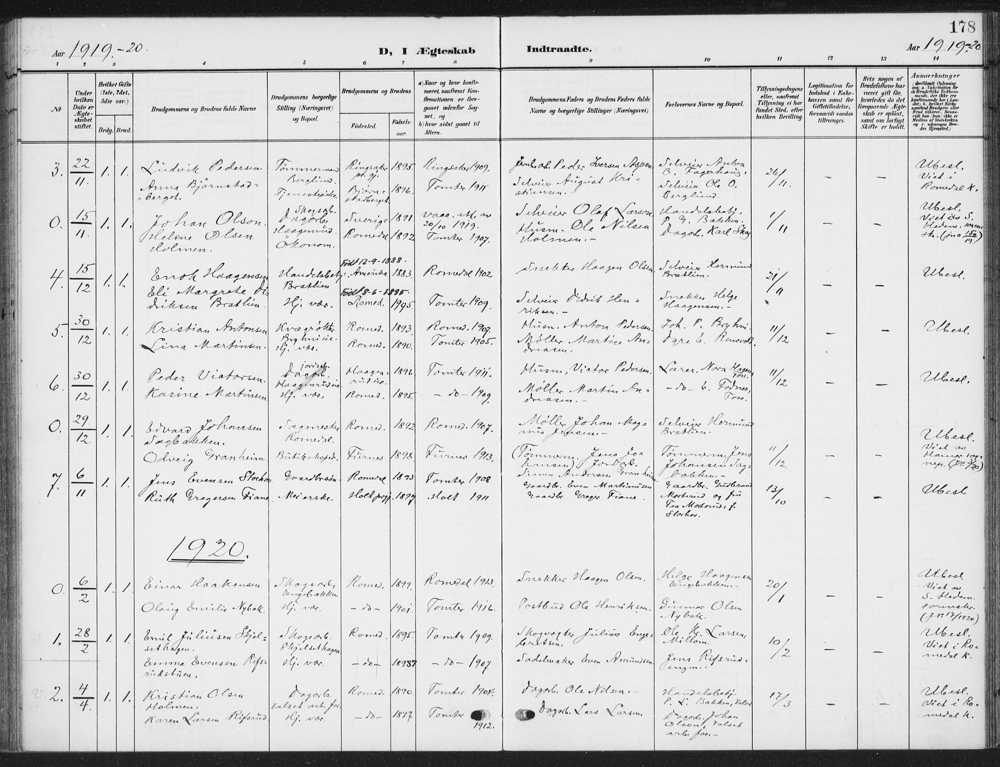 Romedal prestekontor, SAH/PREST-004/K/L0009: Parish register (official) no. 9, 1906-1929, p. 178