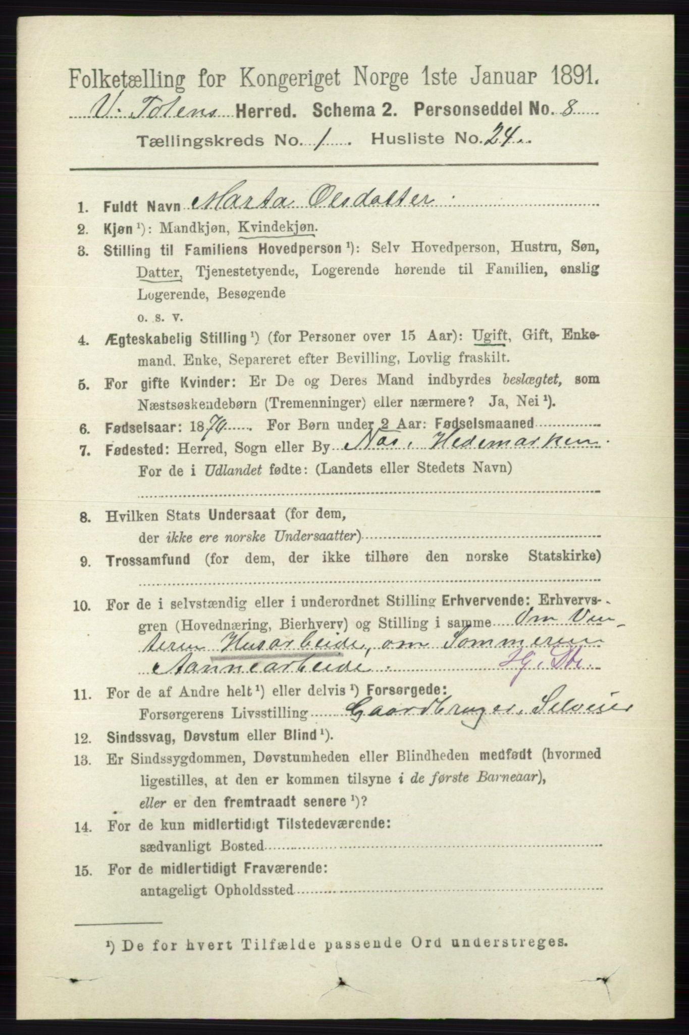 RA, 1891 census for 0529 Vestre Toten, 1891, p. 346