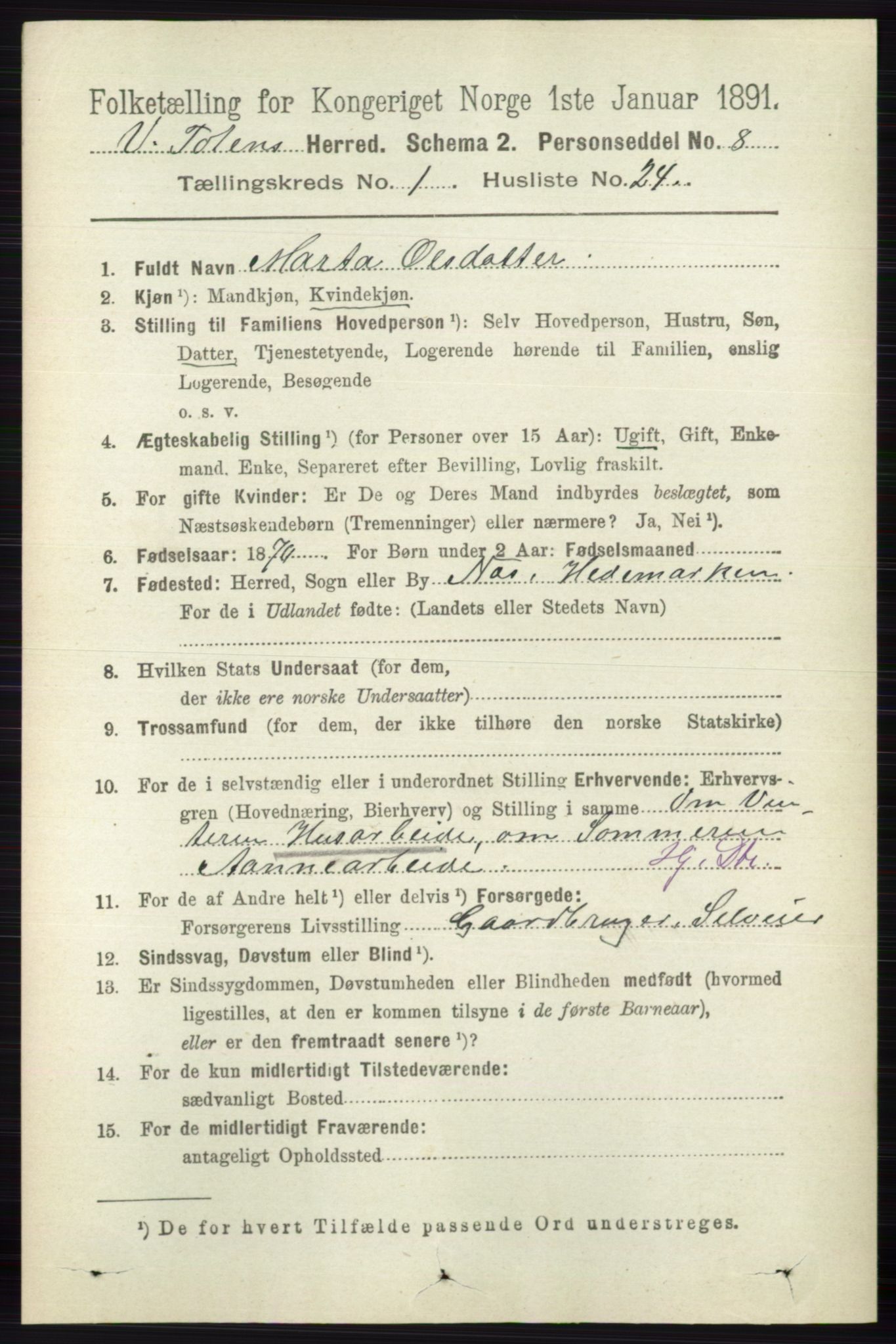 RA, 1891 census for 0529 Vestre Toten, 1891, p. 346