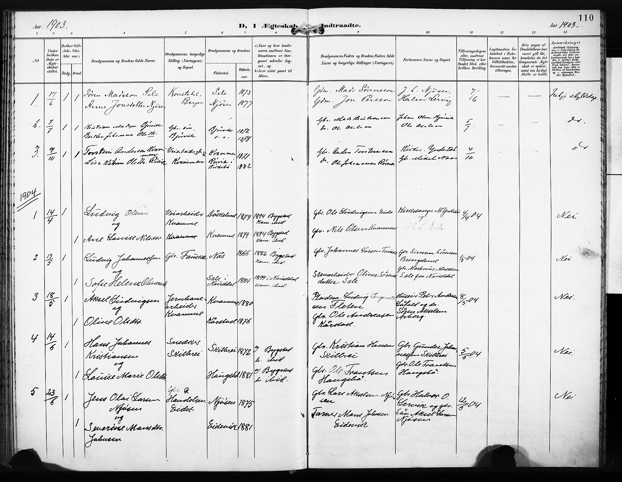 Gaular sokneprestembete, AV/SAB-A-80001/H/Haa: Parish register (official) no. C 2, 1898-1910, p. 110