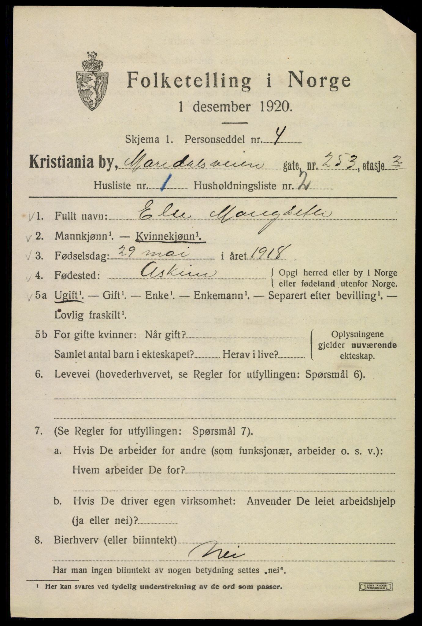 SAO, 1920 census for Kristiania, 1920, p. 384469