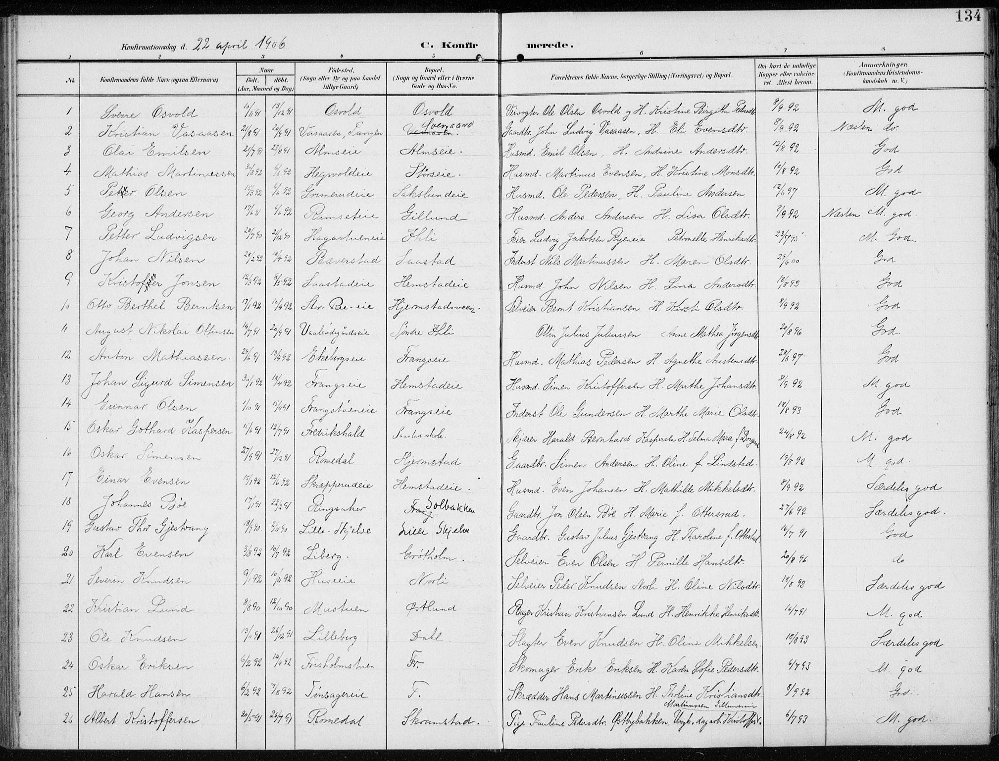 Stange prestekontor, AV/SAH-PREST-002/K/L0024: Parish register (official) no. 24, 1906-1922, p. 134