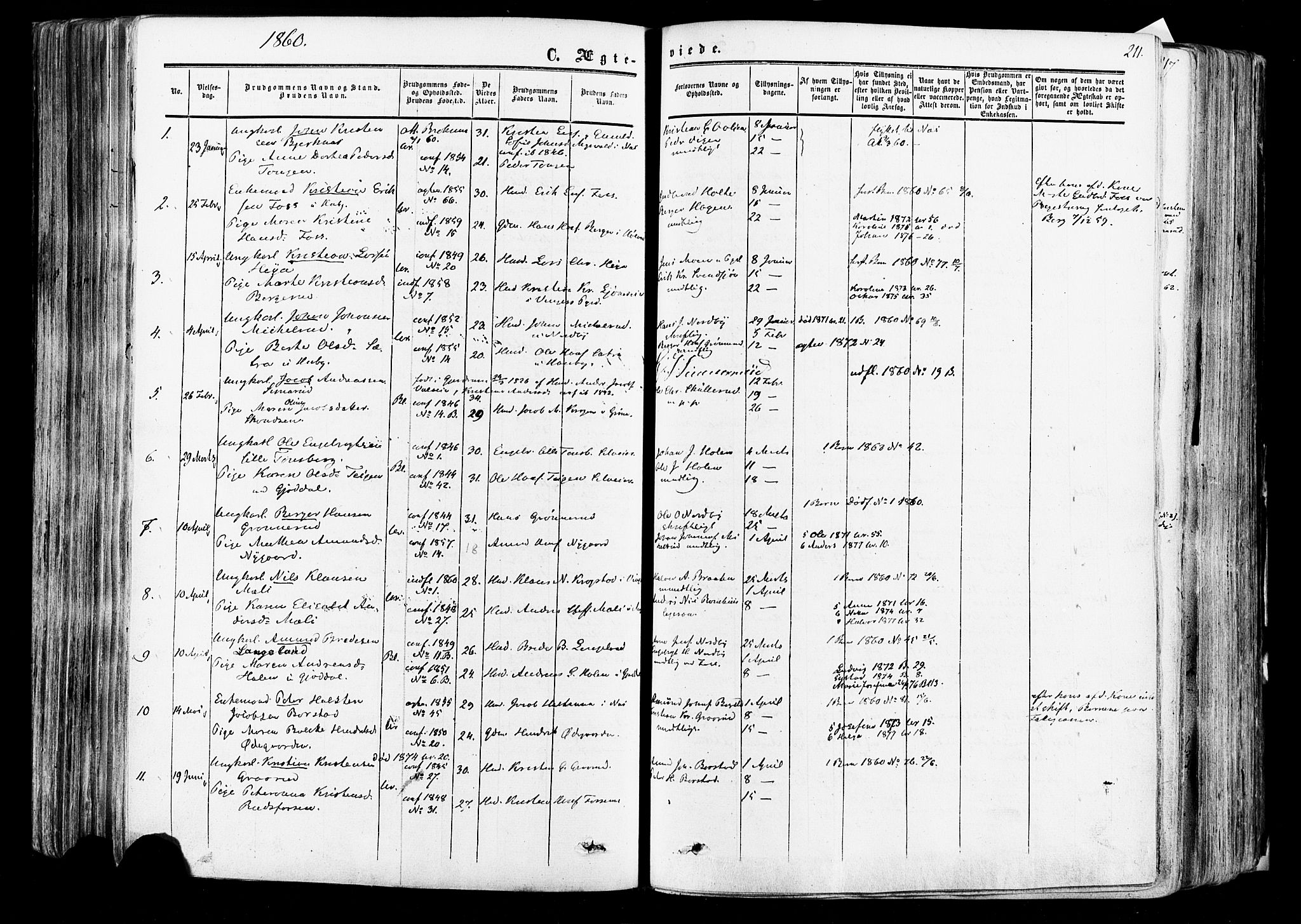 Aurskog prestekontor Kirkebøker, SAO/A-10304a/F/Fa/L0007: Parish register (official) no. I 7, 1854-1877, p. 211