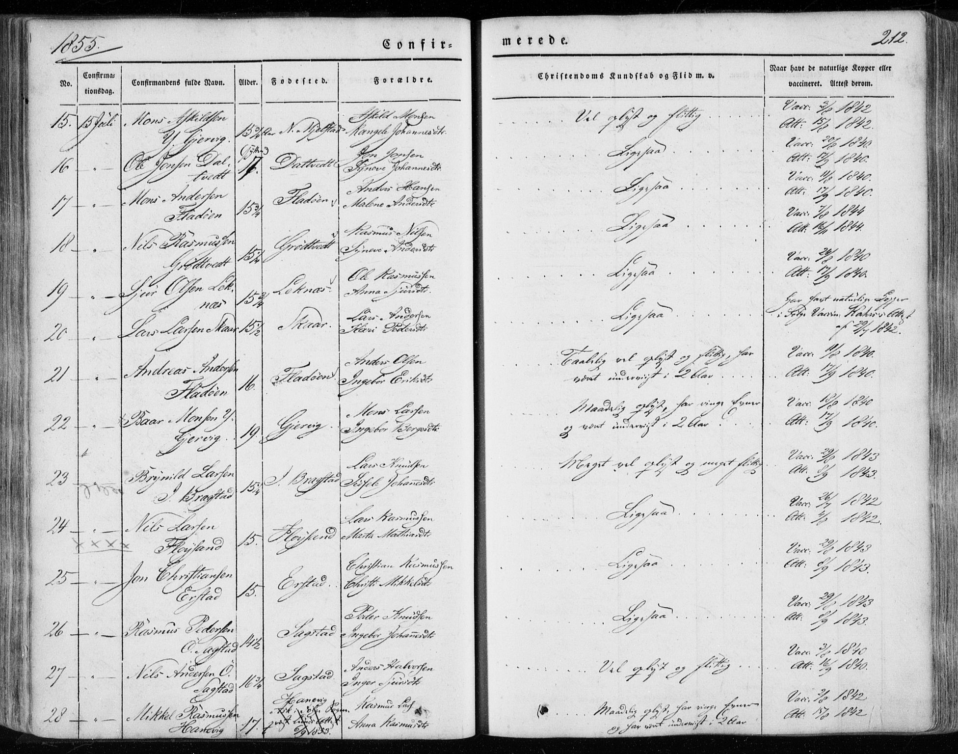 Hamre sokneprestembete, SAB/A-75501/H/Ha/Haa/Haaa/L0013: Parish register (official) no. A 13, 1846-1857, p. 212