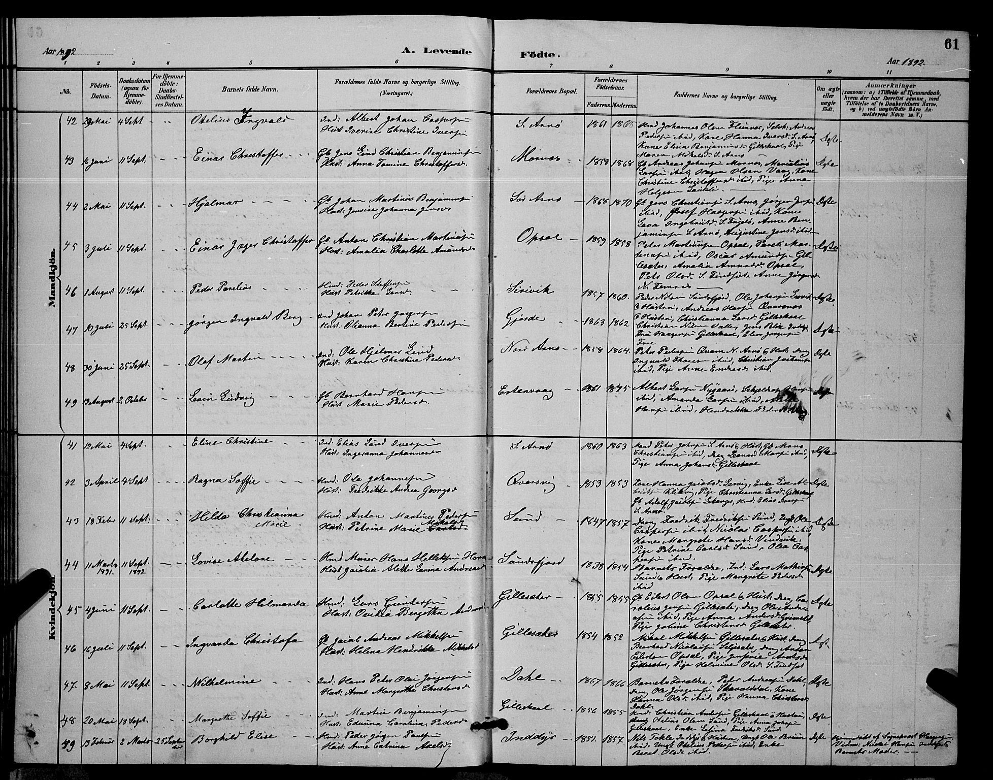 Ministerialprotokoller, klokkerbøker og fødselsregistre - Nordland, AV/SAT-A-1459/805/L0108: Parish register (copy) no. 805C04, 1885-1899, p. 61