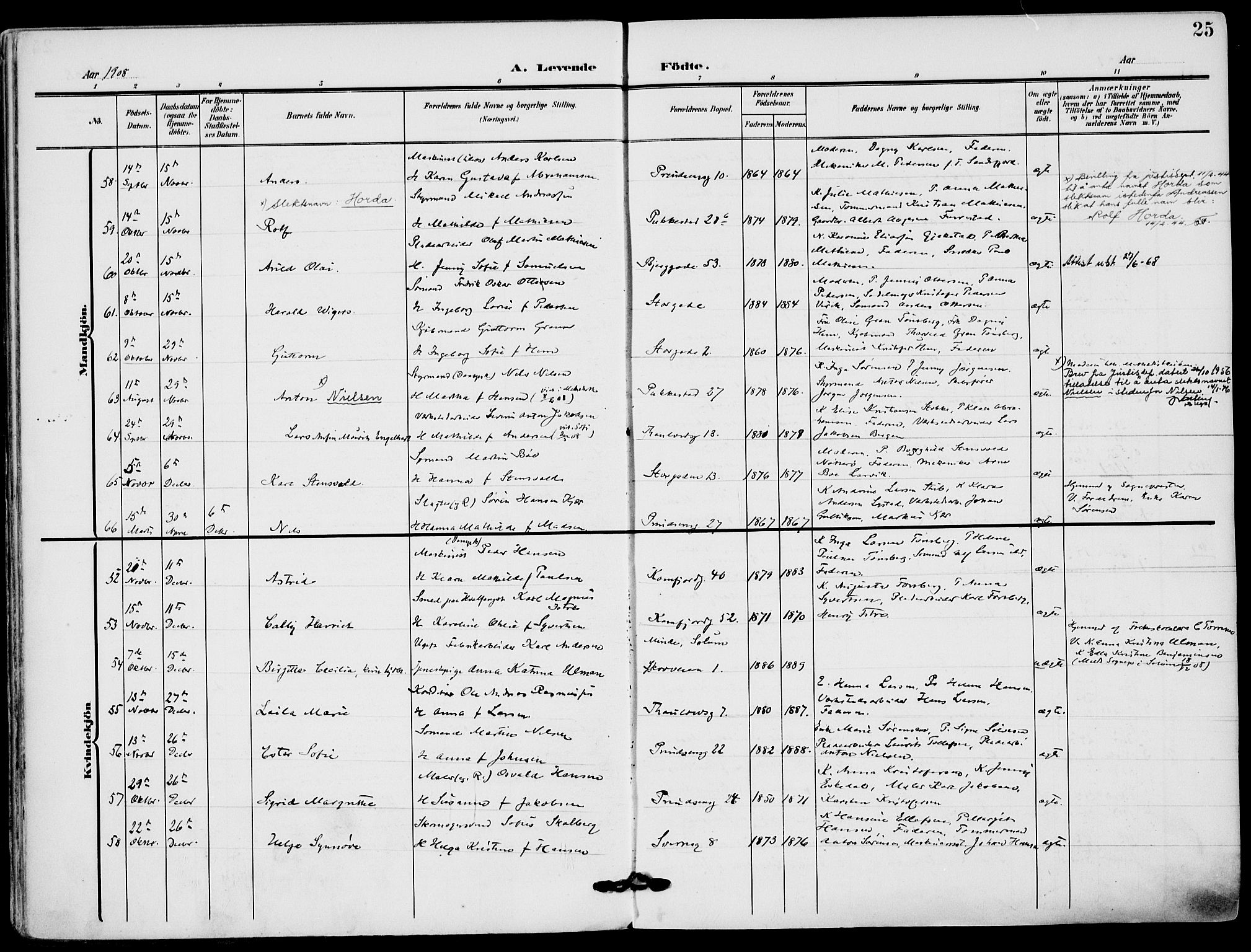 Sandefjord kirkebøker, AV/SAKO-A-315/F/Fa/L0005: Parish register (official) no. 5, 1906-1915, p. 25