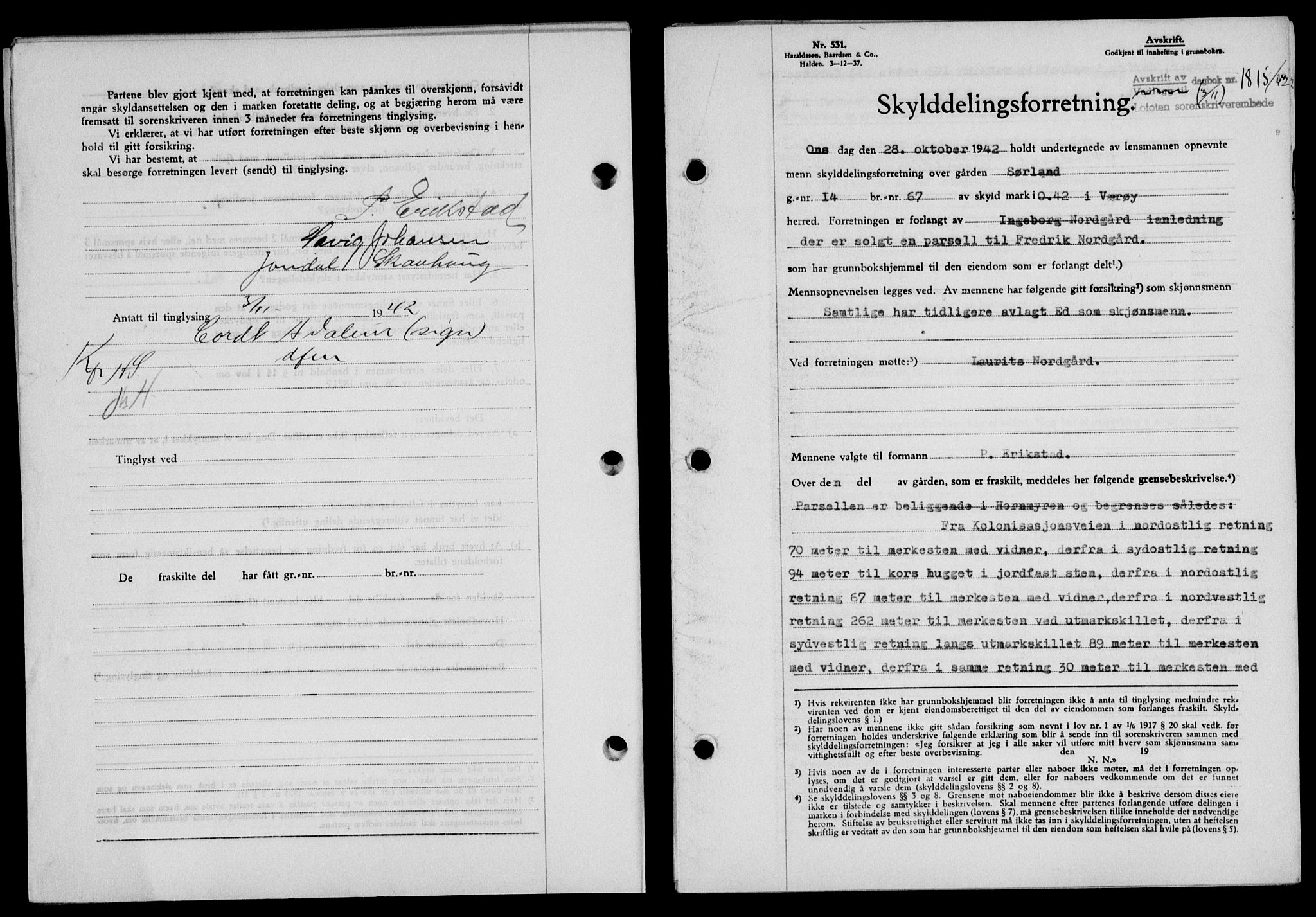 Lofoten sorenskriveri, AV/SAT-A-0017/1/2/2C/L0010a: Mortgage book no. 10a, 1942-1943, Diary no: : 1815/1942