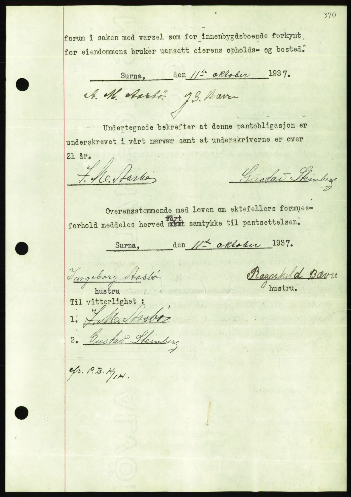 Nordmøre sorenskriveri, AV/SAT-A-4132/1/2/2Ca/L0092: Mortgage book no. B82, 1937-1938, Diary no: : 2927/1937