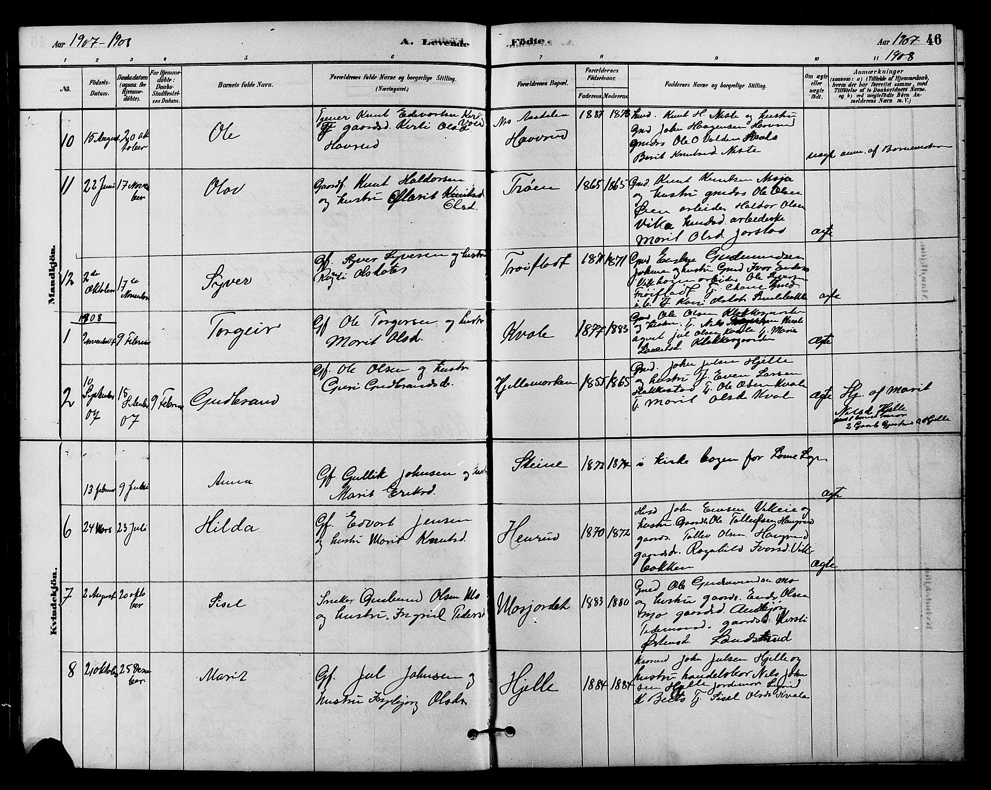 Vestre Slidre prestekontor, SAH/PREST-136/H/Ha/Hab/L0004: Parish register (copy) no. 4, 1881-1912, p. 46