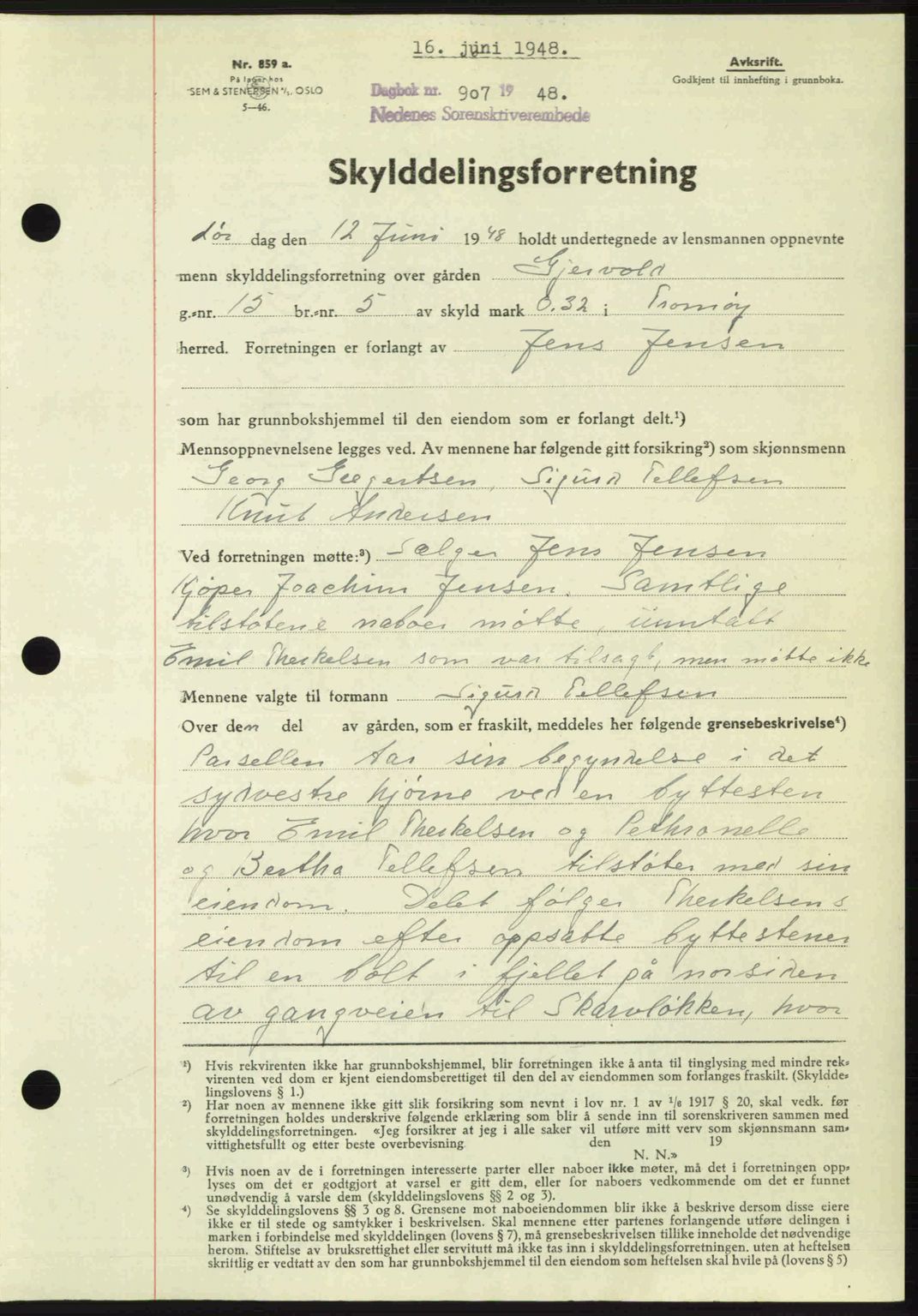 Nedenes sorenskriveri, AV/SAK-1221-0006/G/Gb/Gba/L0059: Mortgage book no. A11, 1948-1948, Diary no: : 907/1948