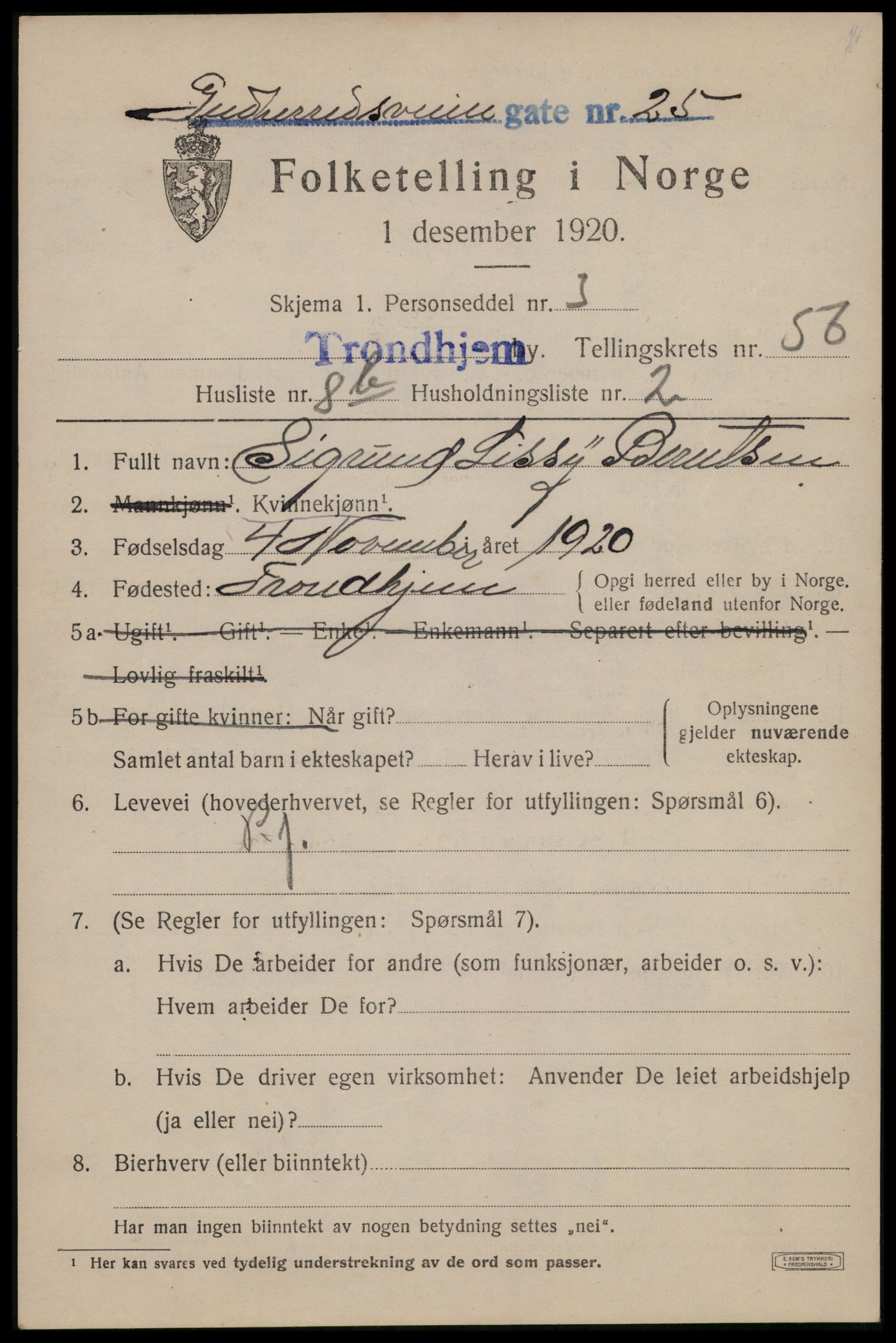 SAT, 1920 census for Trondheim, 1920, p. 113700