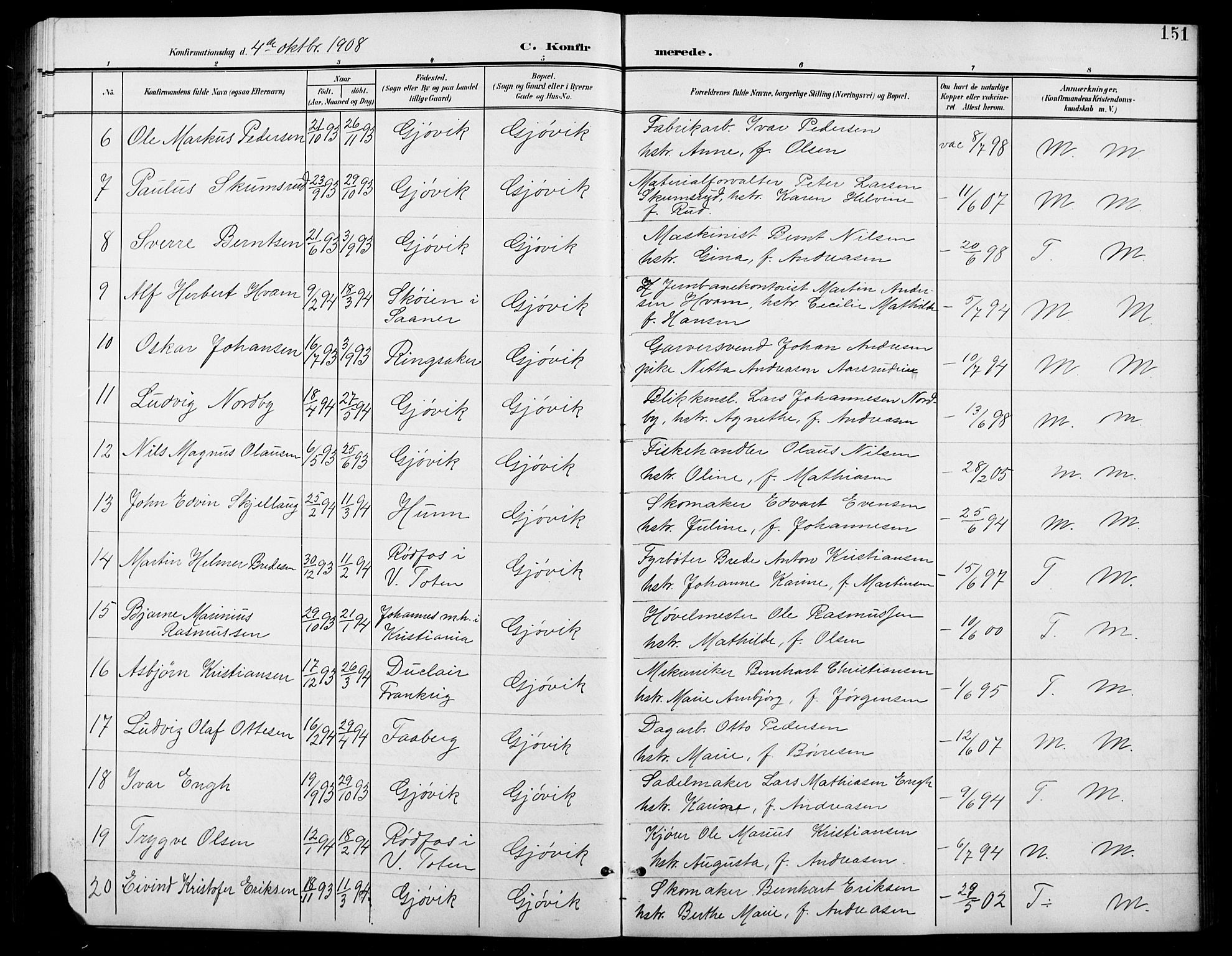 Vardal prestekontor, SAH/PREST-100/H/Ha/Hab/L0012: Parish register (copy) no. 12, 1902-1911, p. 151