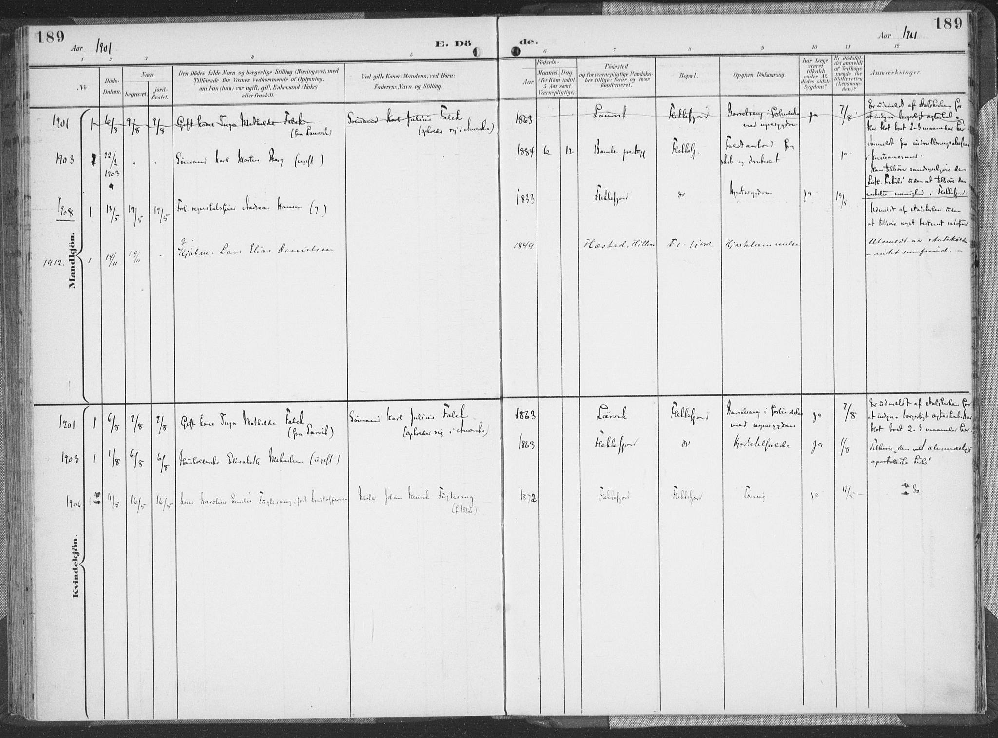 Flekkefjord sokneprestkontor, AV/SAK-1111-0012/F/Fa/Faa/L0002: Parish register (official) no. A 2, 1900-1912, p. 189